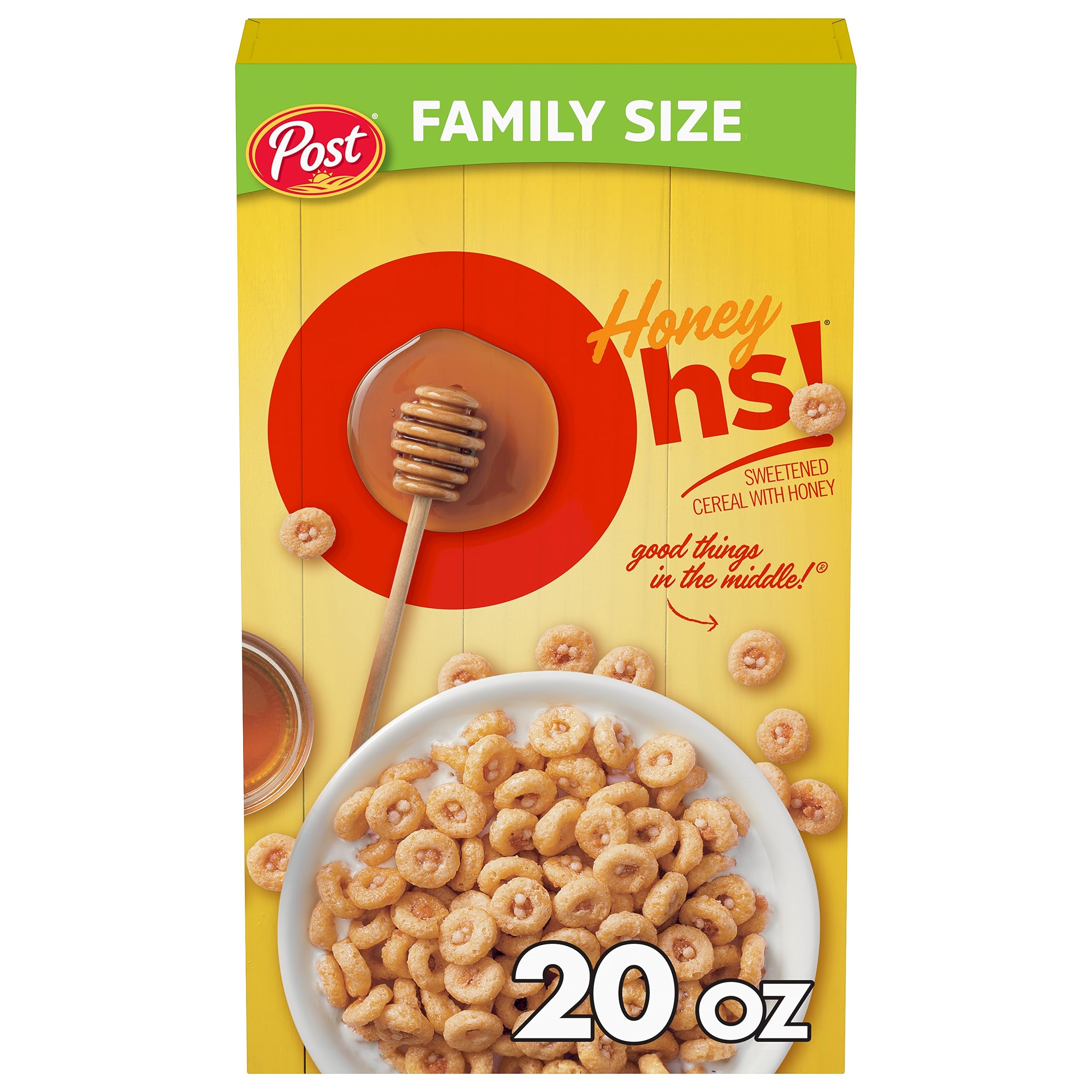 Honey Ohs! cereal box front shows a family-size pack for busy mornings.