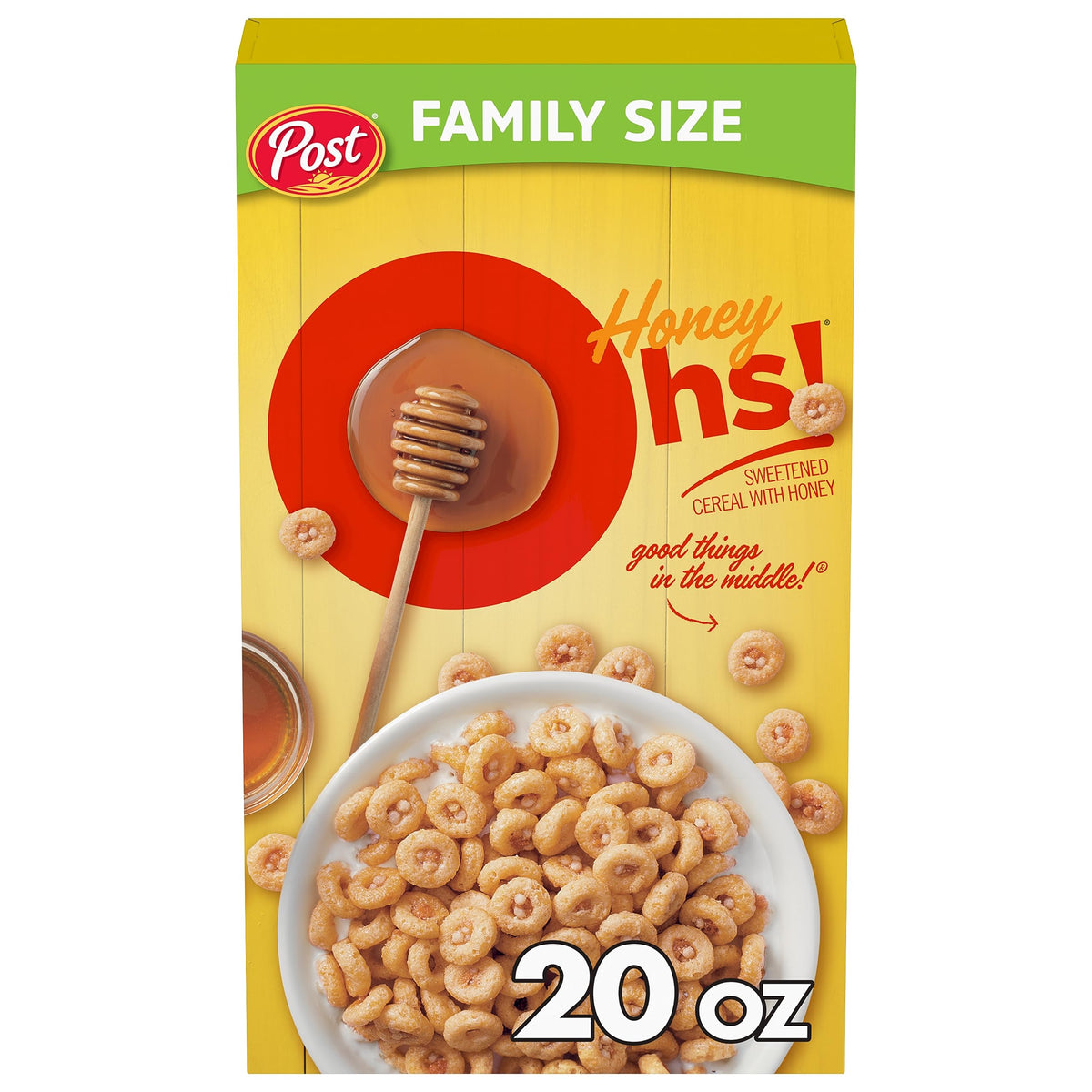 Honey Ohs! cereal box front shows a family-size pack for busy mornings.