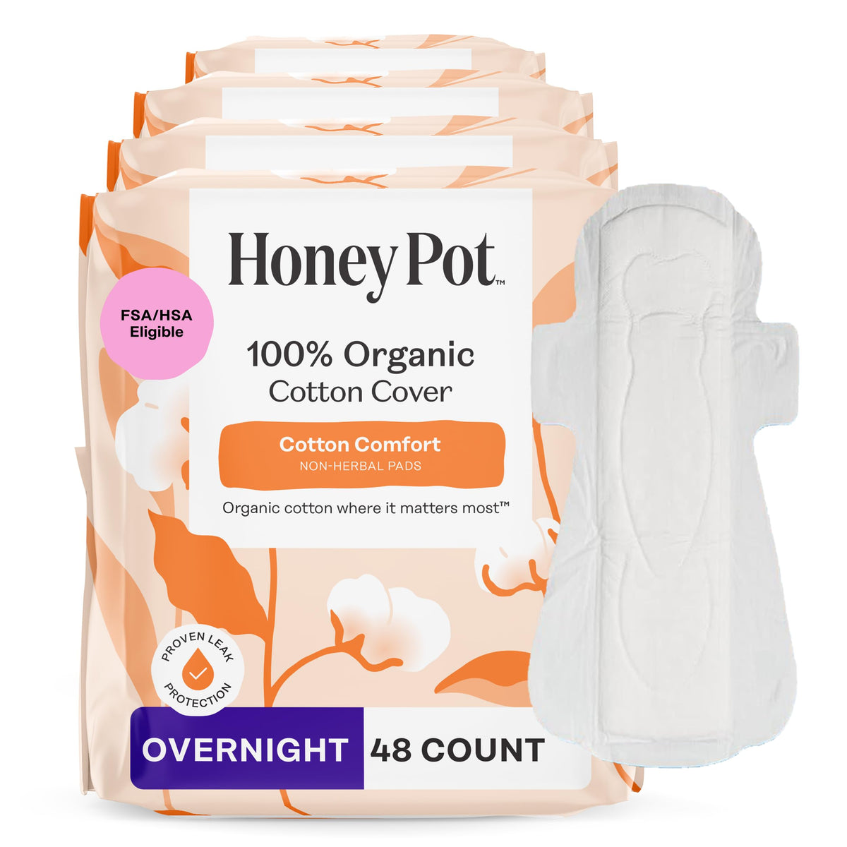 The Honey Pot 48ct overnight non-herbal pads with wings for secure nighttime protection.