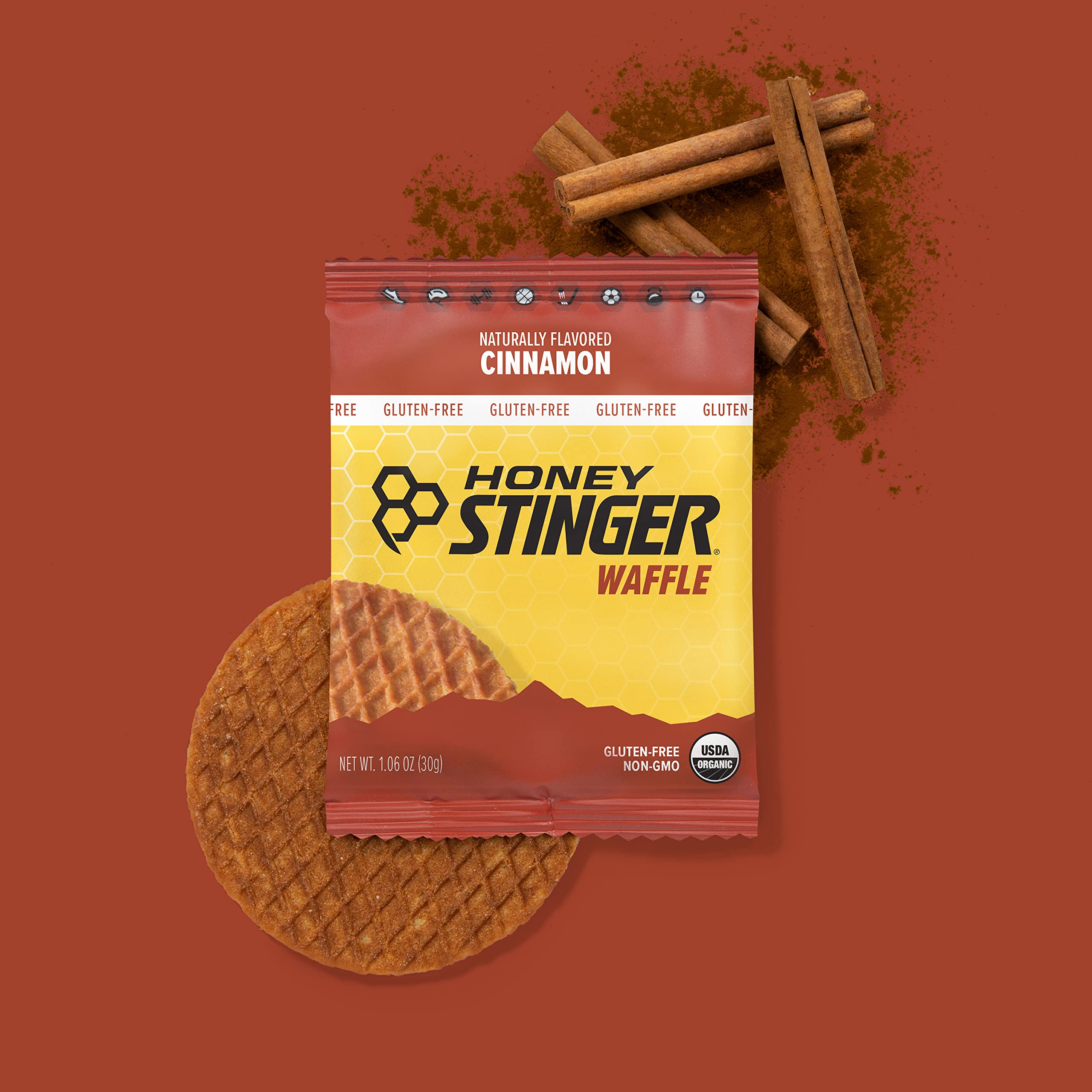 Cinnamon waffle in a gym bag ready for mid-workout refuel.