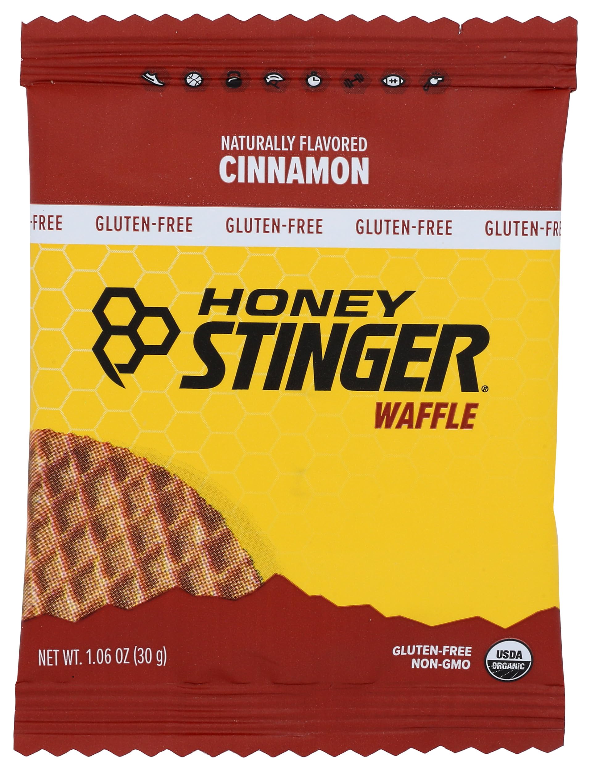 On-the-go Honey Stinger cinnamon waffle ready in a gym bag for quick pre-workout energy.