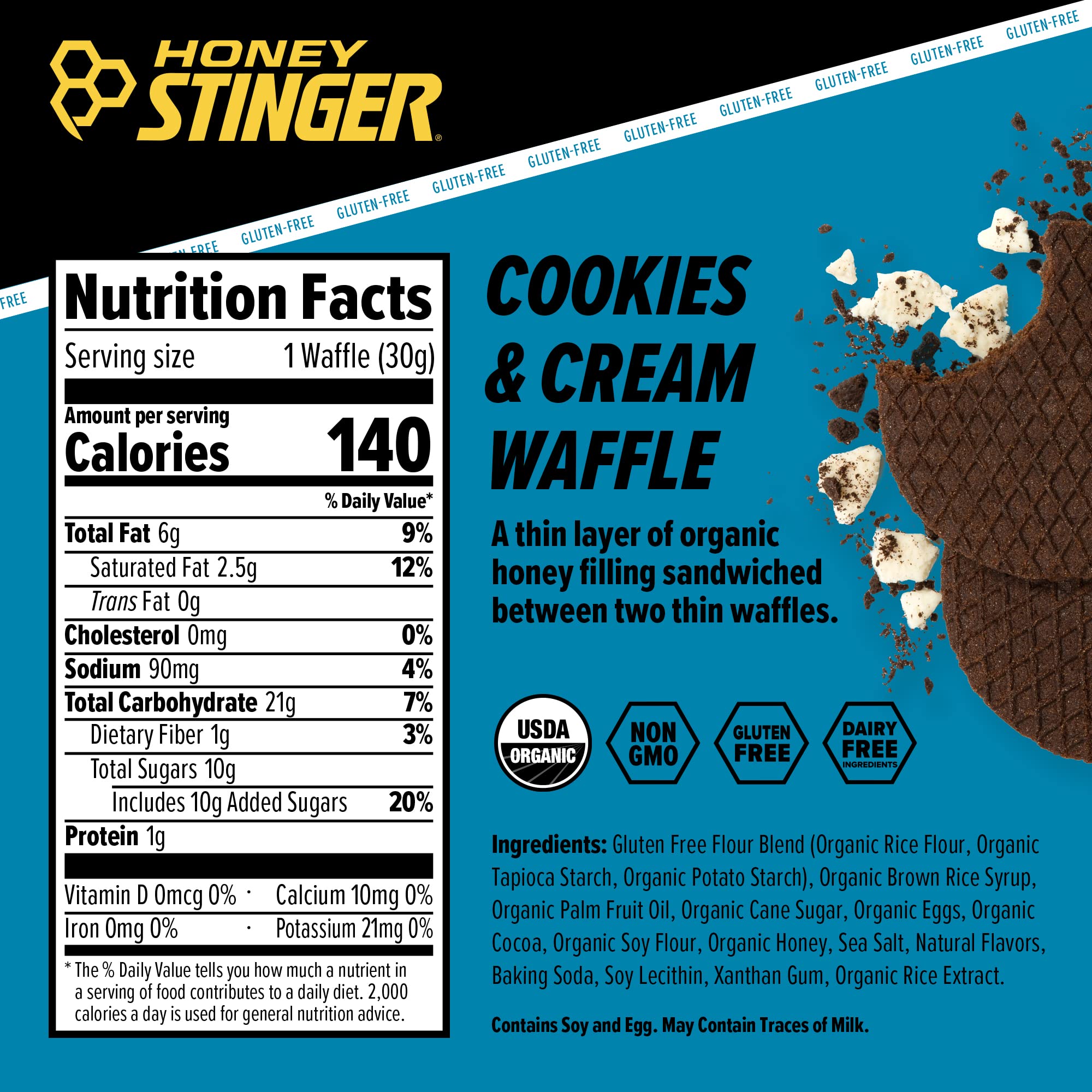 Honey Stinger cookies and cream waffle close-up highlighting gooey filling and crispy texture.