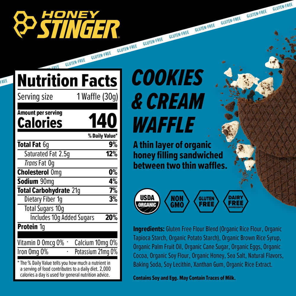 Honey Stinger cookies and cream waffle close-up highlighting gooey filling and crispy texture.