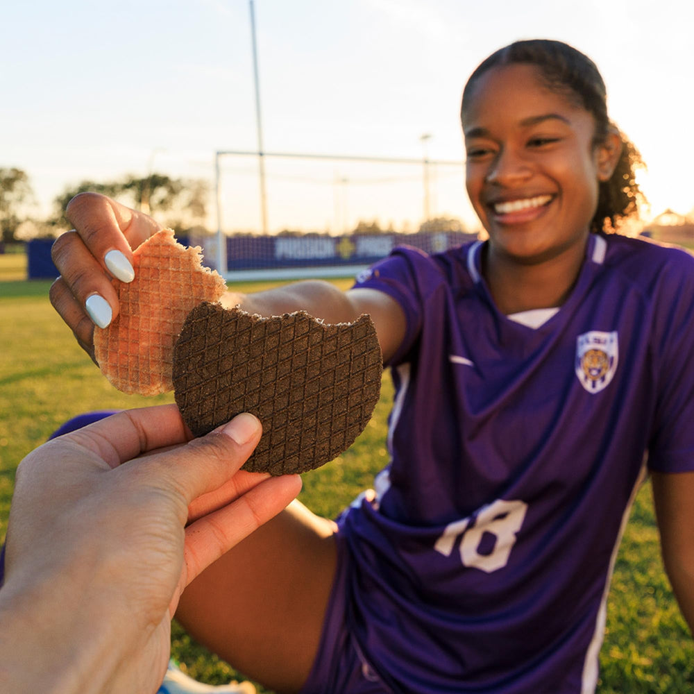 Close-up of individual wrapped waffles highlighting convenience for on-the-go fueling.