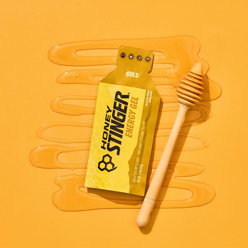 Honey Stinger Gold Energy Gel packaging highlights gluten-free formula for sensitive athletes.
