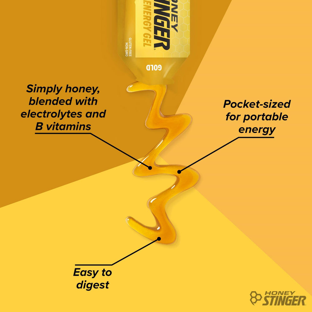 Honey Stinger Gold Energy Gel with water for mid-workout boost.