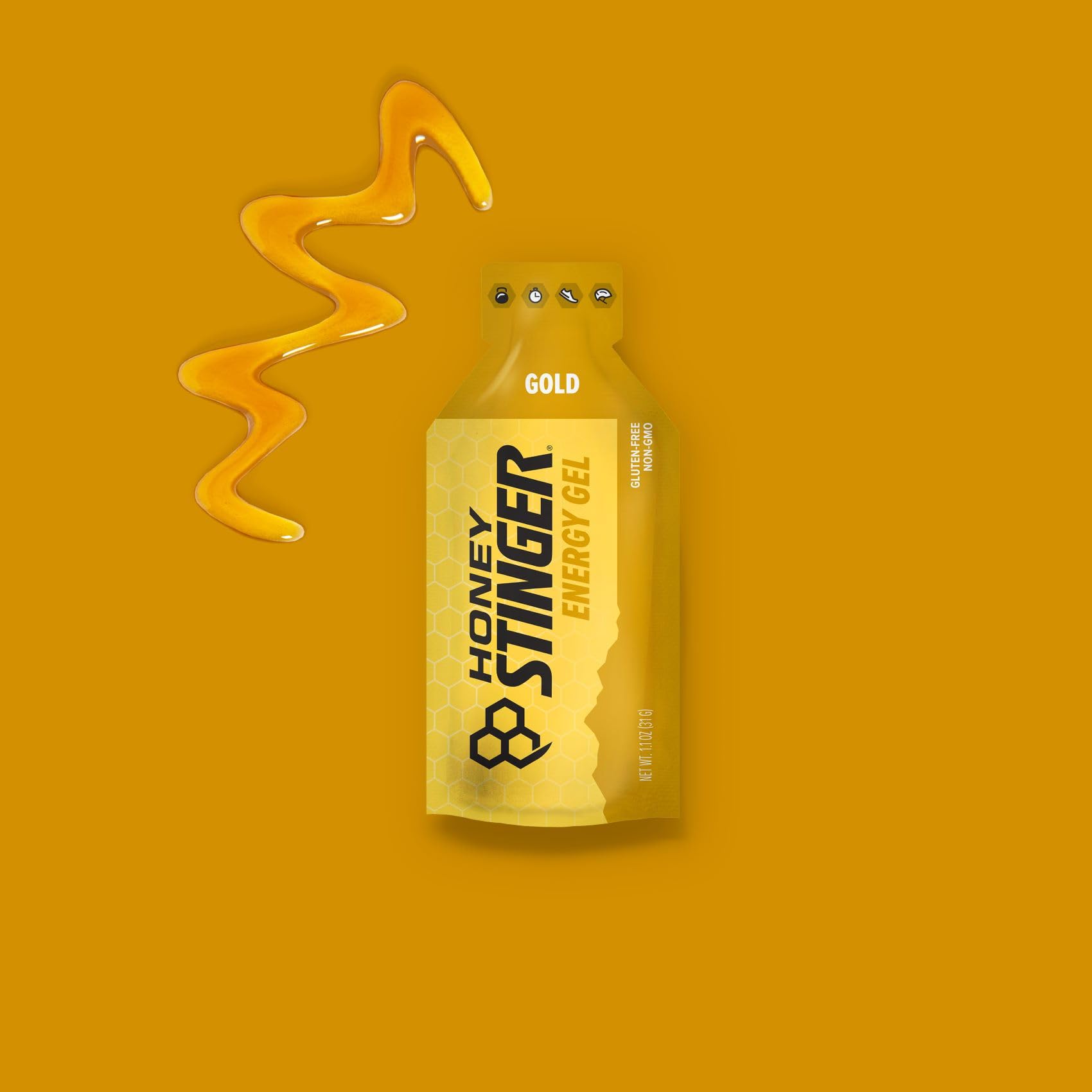 Honey Stinger Gold Energy Gel label highlights electrolytes and B vitamins.