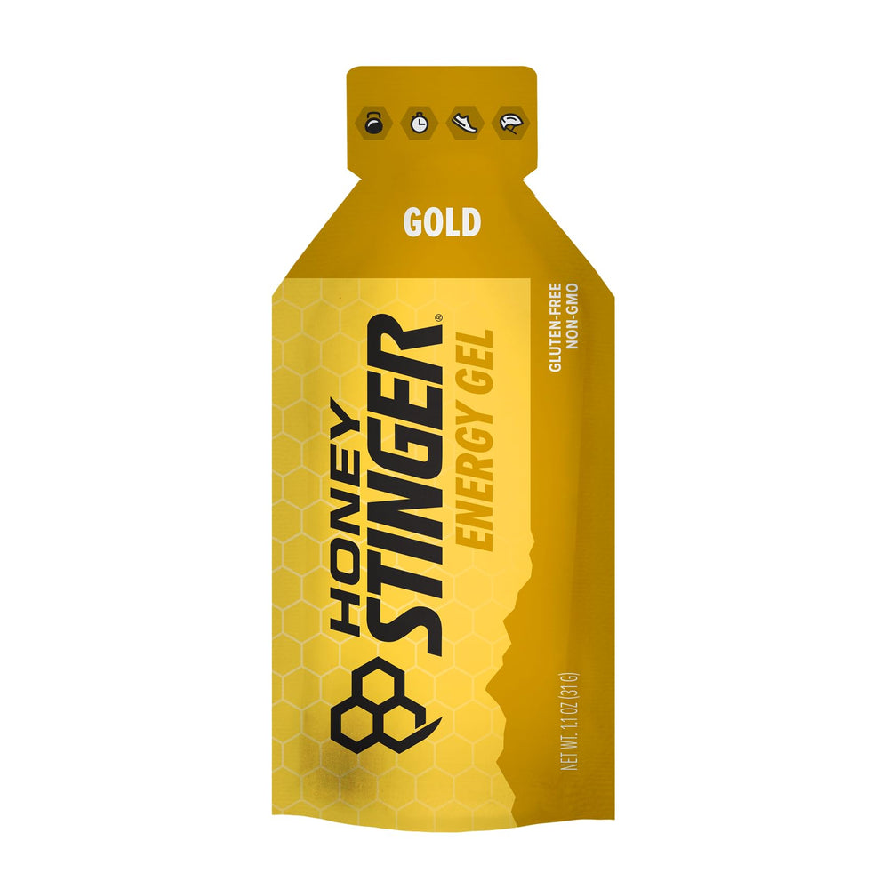 Honey Stinger Gold Energy Gel opened for easy squeeze-and-go use.