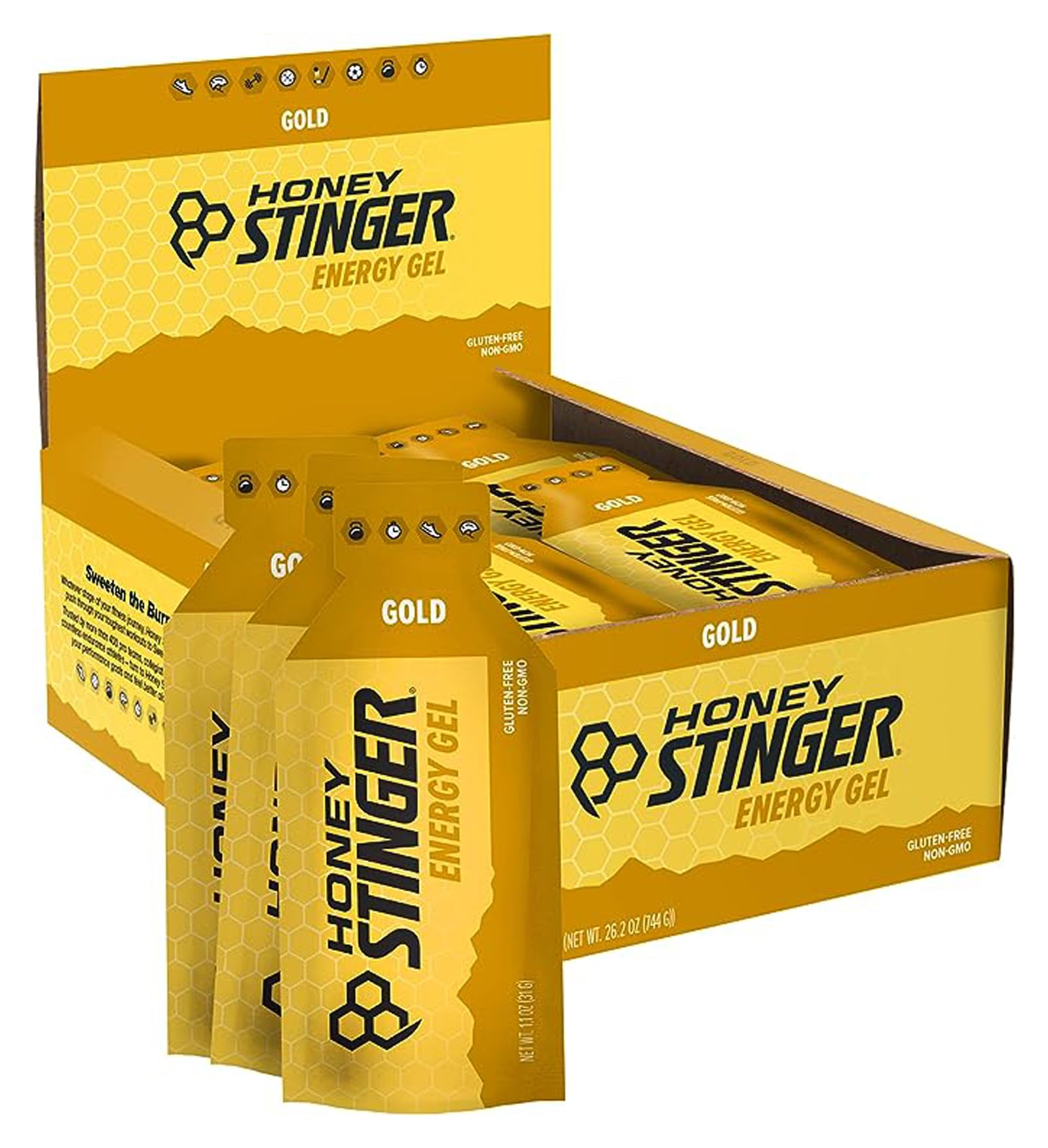 Honey Stinger Gold Energy Gel pack-front highlighting gluten-free fueling on the go.