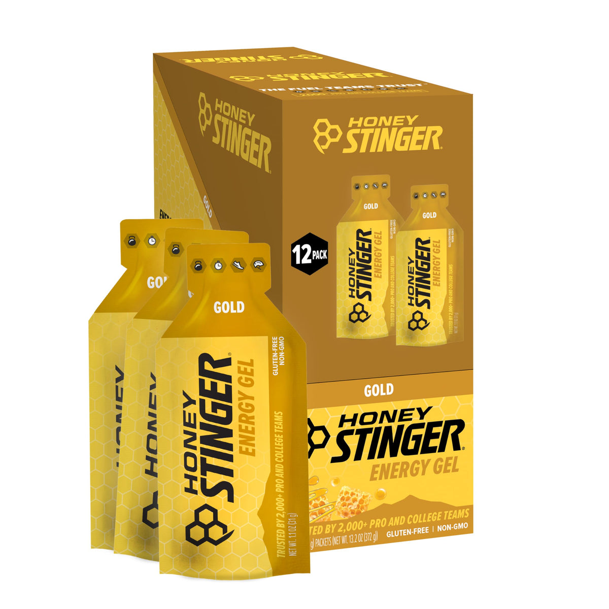 Honey Stinger Gold Energy Gel close-up showing gel texture for quick fueling during workouts.
