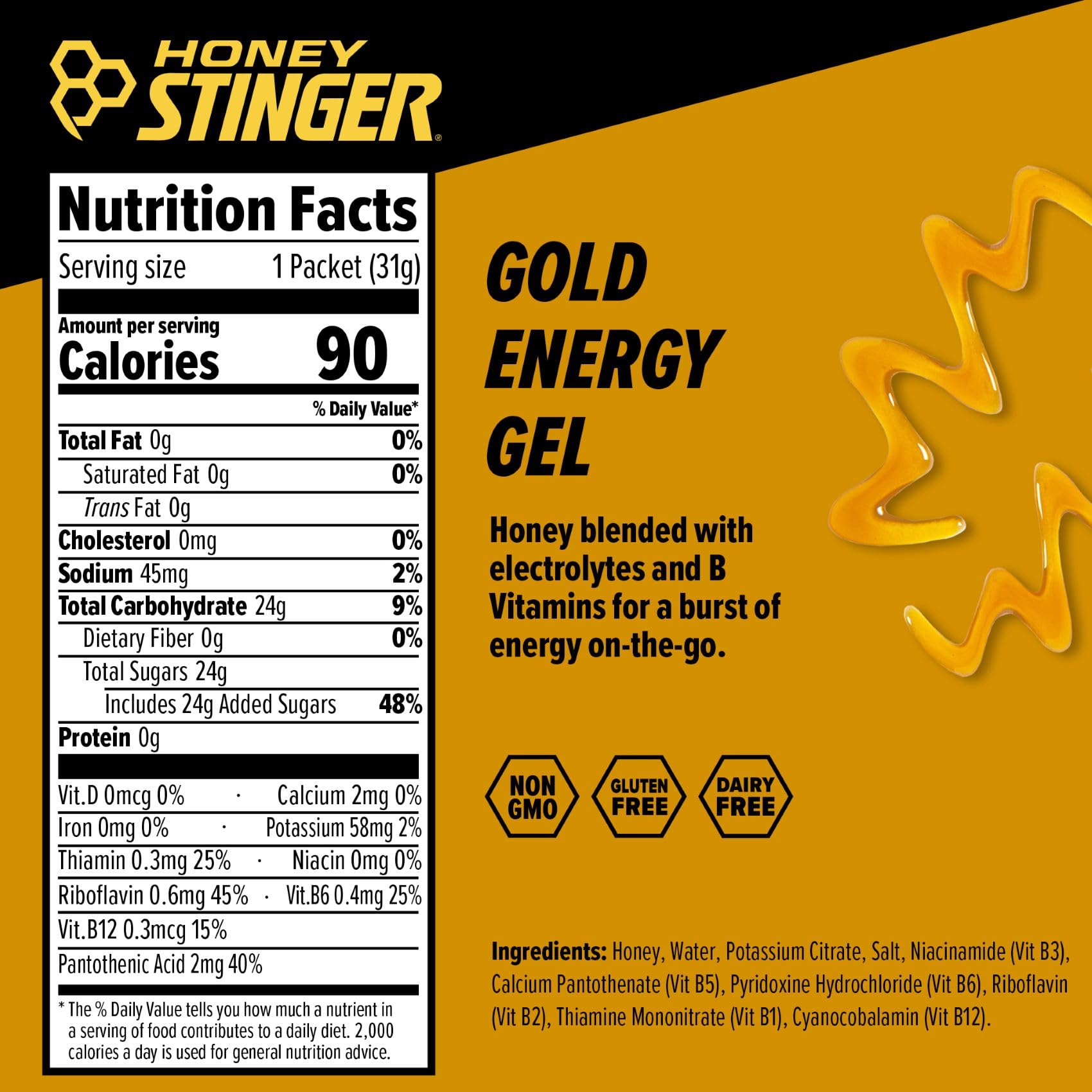 Honey Stinger Gold Energy Gel in race bag for race day convenience.