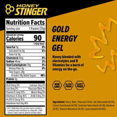 Honey Stinger Gold Energy Gel in race bag for race day convenience.