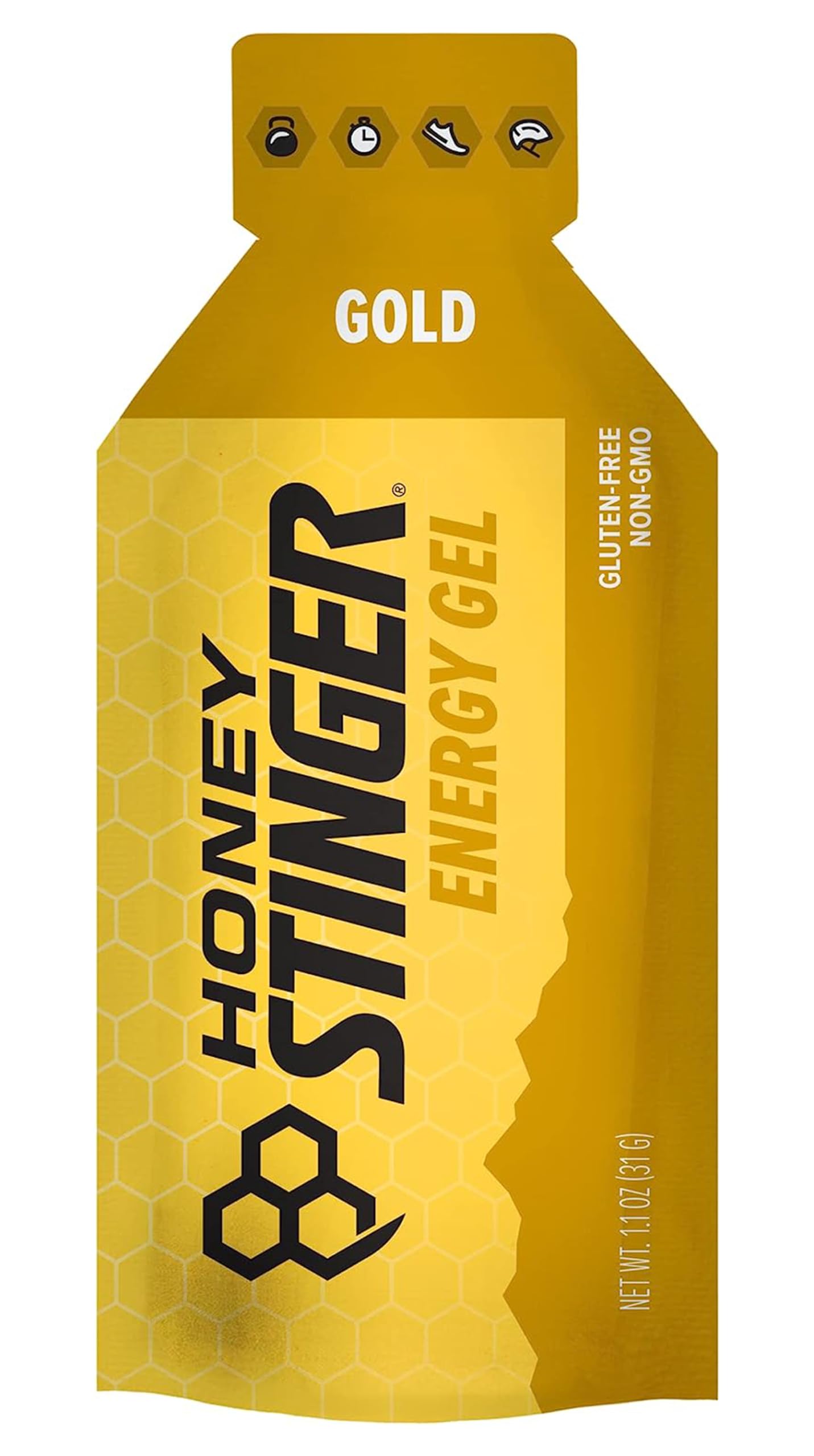 Honey Stinger Gold Energy Gel tube closeup shows quick, portable energy.