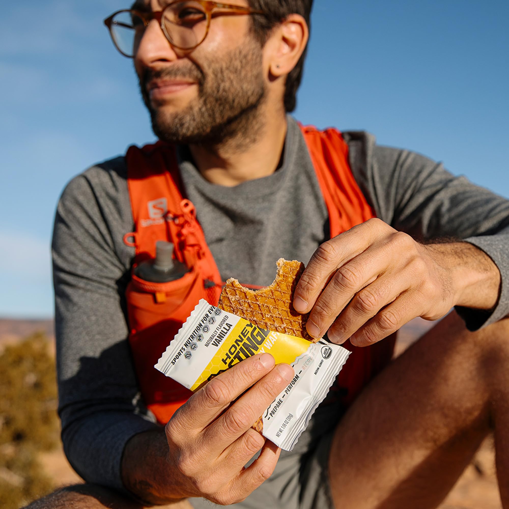 Assorted Honey Stinger waffles ready in a compact on-the-go snack collection.