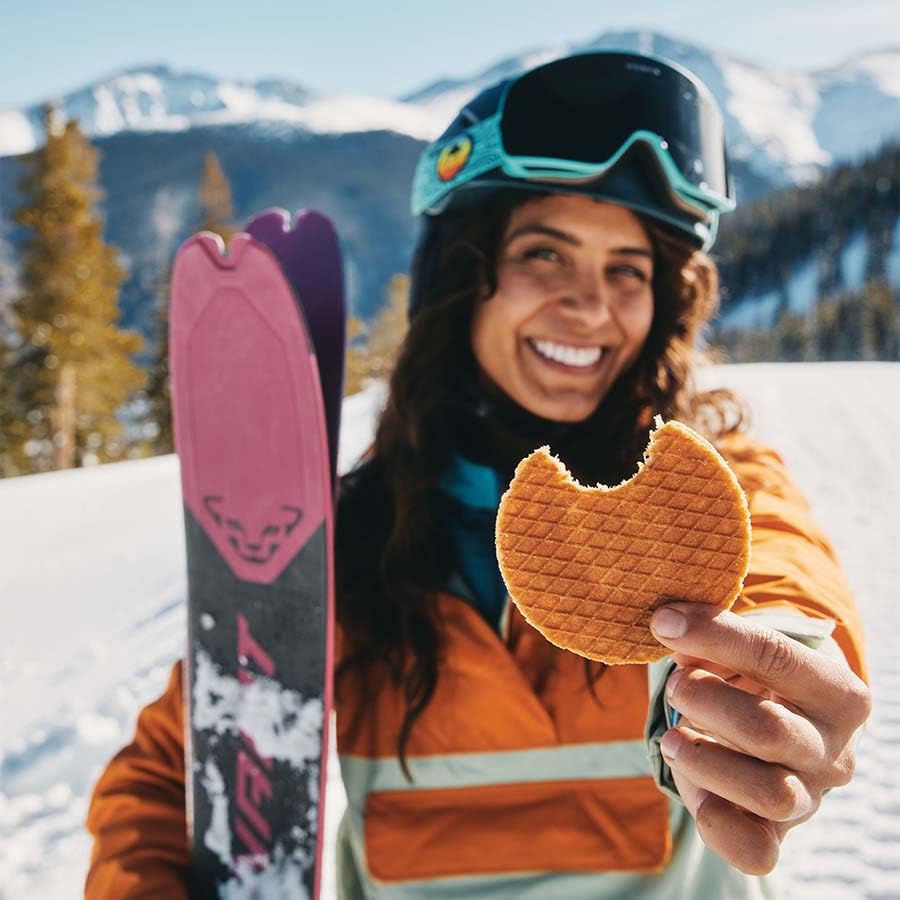 Honey Stinger waffle cross-section shows almond butter core for sustained energy.