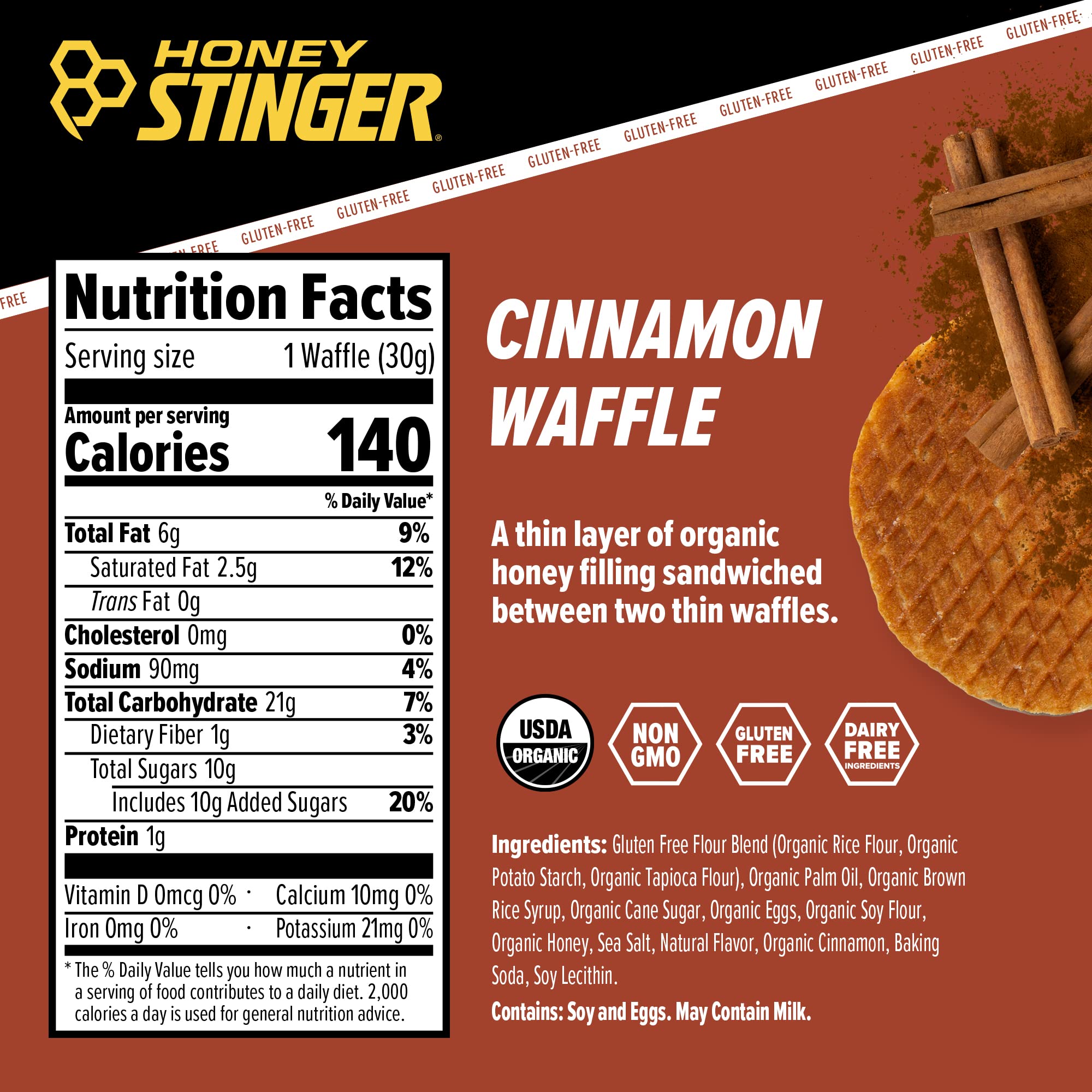 Honey Stinger organic cinnamon waffle cross-section showing filling and crispy layers.