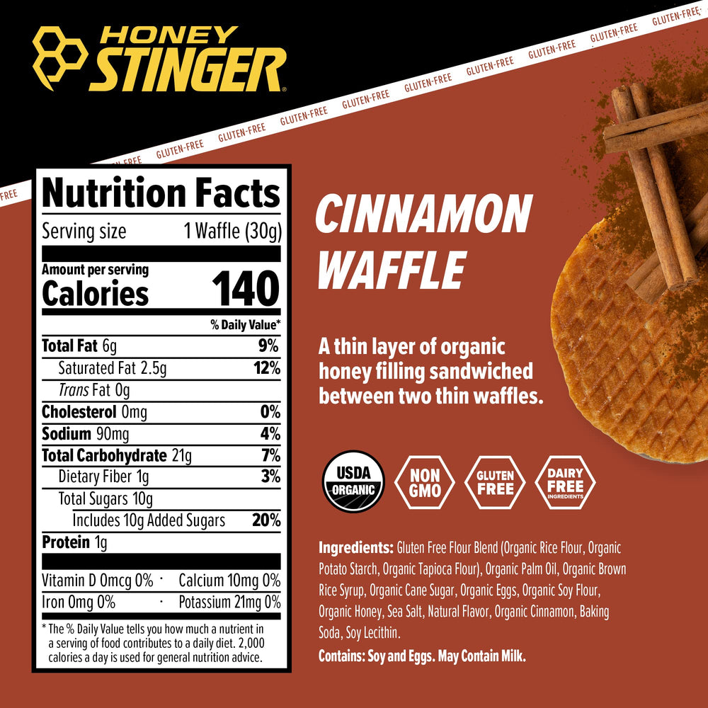 Honey Stinger organic cinnamon waffle cross-section showing filling and crispy layers.
