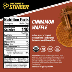 Honey Stinger organic cinnamon waffle cross-section showing filling and crispy layers.