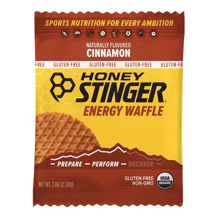 Honey Stinger organic cinnamon waffle packaging highlighting organic ingredients and no artificial additives.