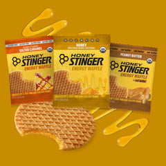 Unwrapped Peanut Butter flavor Honey Stinger Organic Energy Waffle showing convenient single-serving snack.