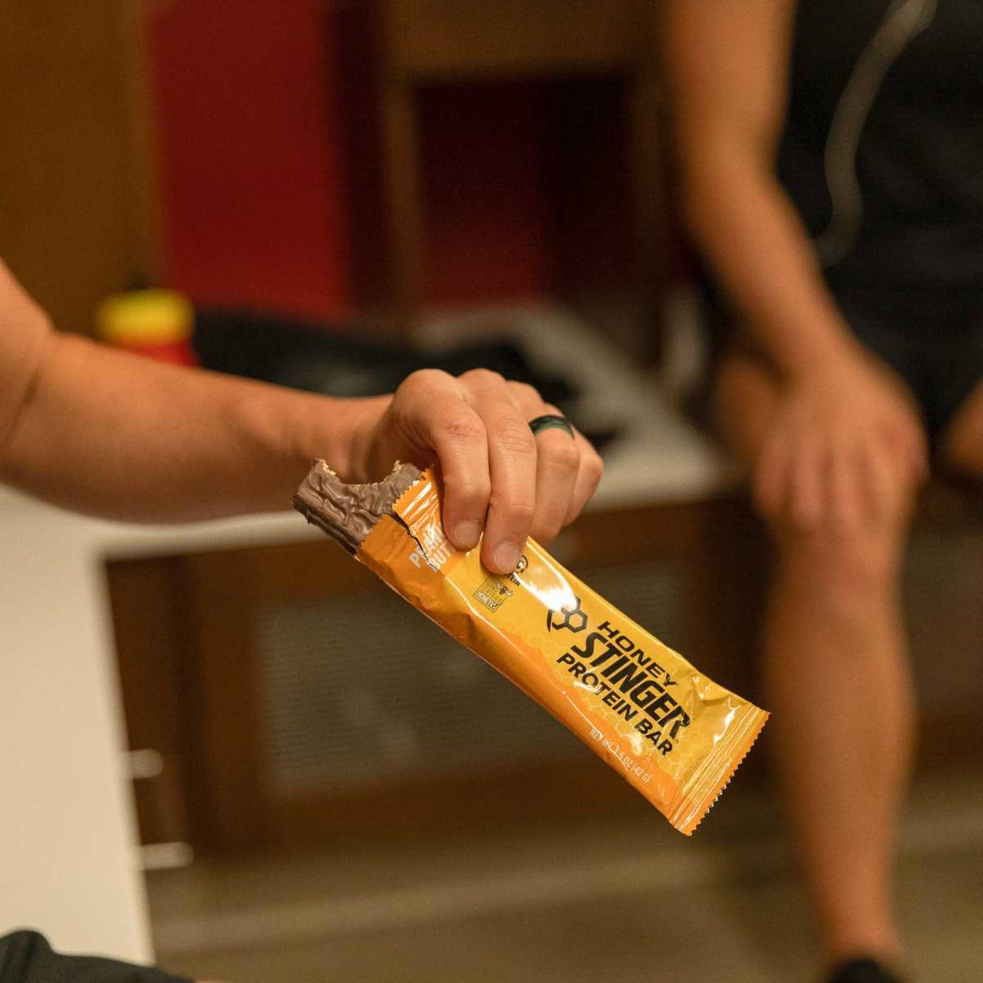 Honey Stinger waffle in gym bag ready for pre workout fuel.