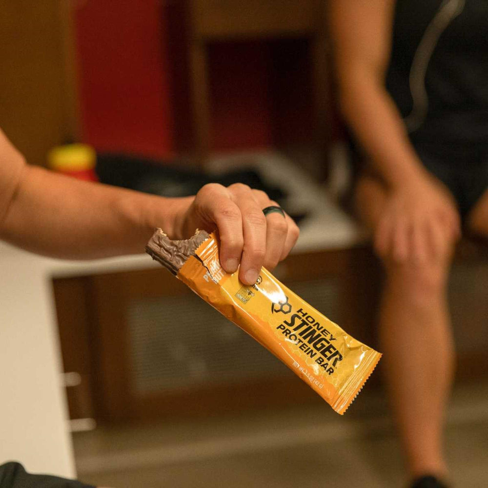 Honey Stinger waffle in gym bag ready for pre workout fuel.