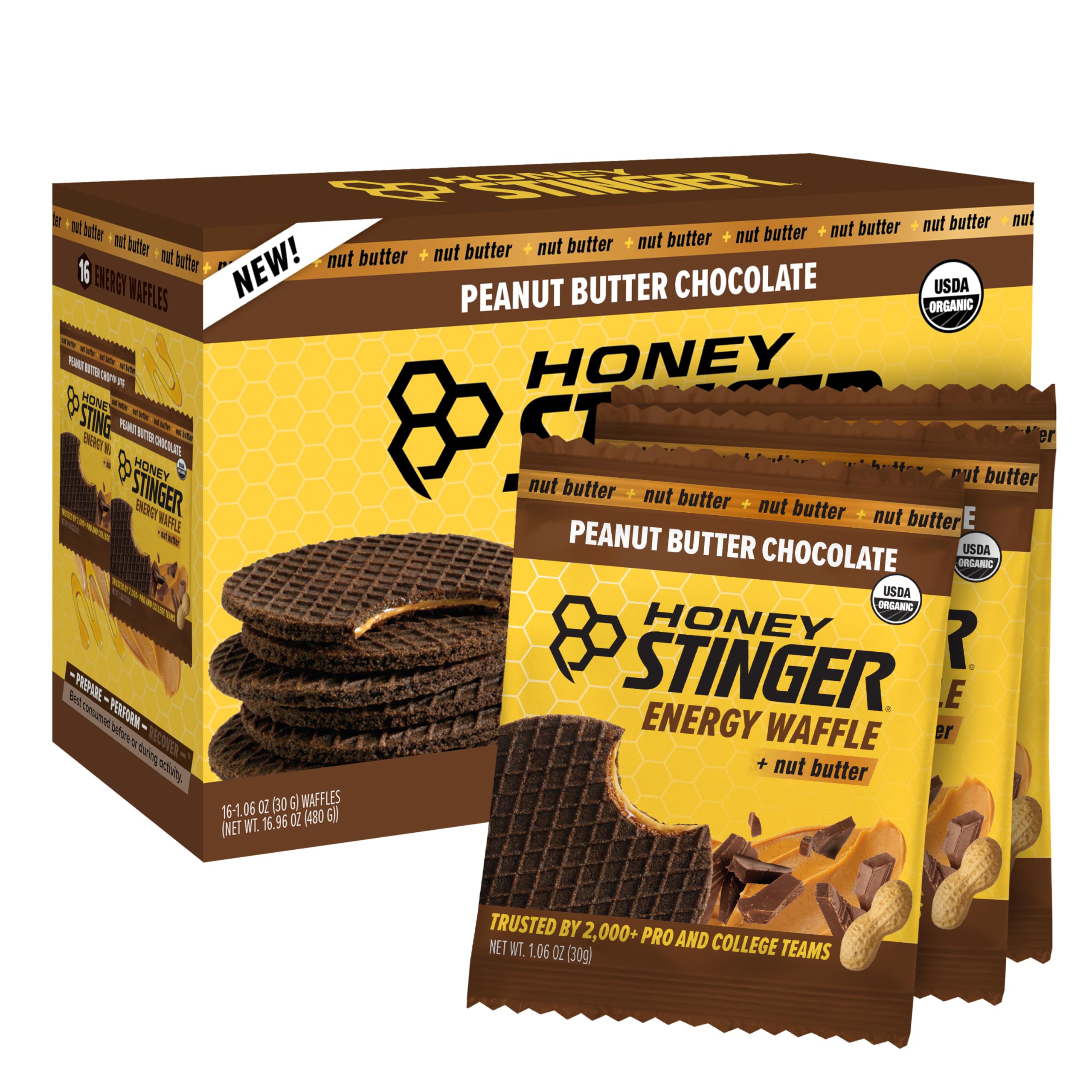 Honey Stinger Organic Peanut Butter Chocolate Waffle outer pack for on the go energy.
