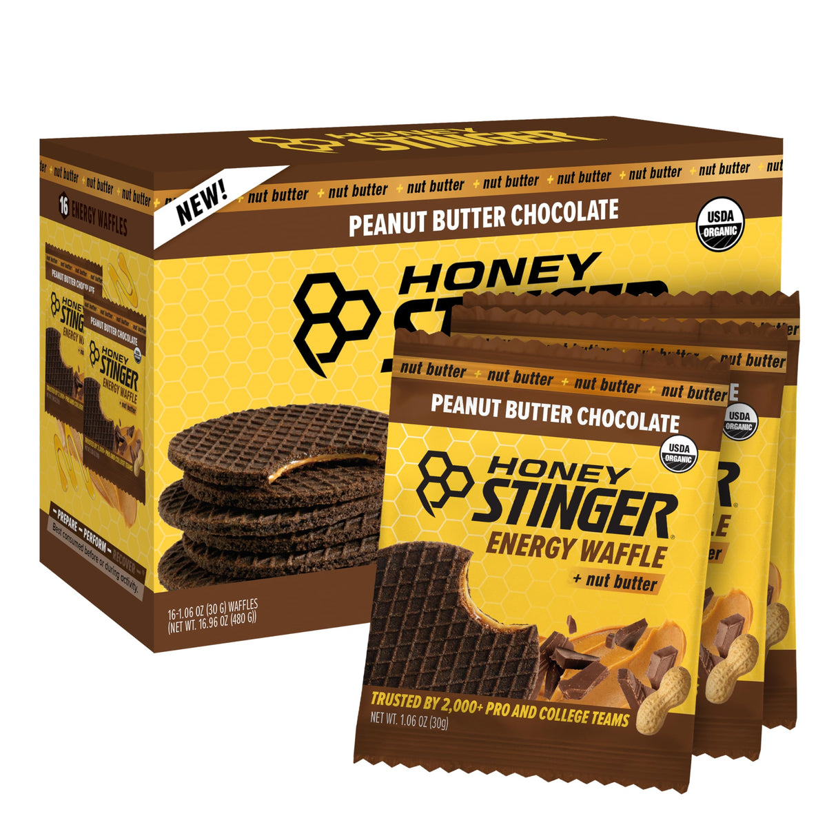 Honey Stinger Organic Peanut Butter Chocolate Waffle outer pack for on the go energy.