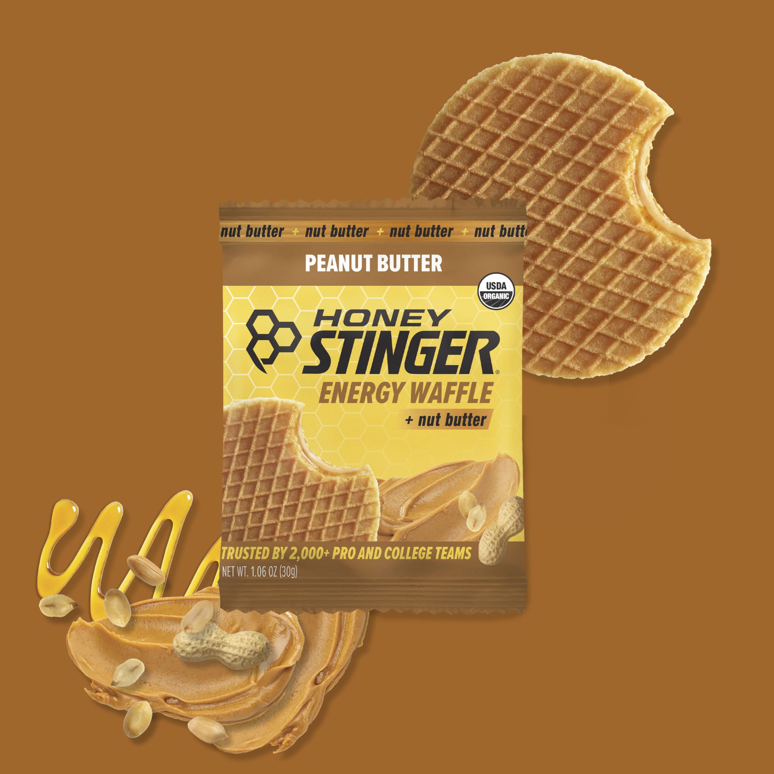 Honey Stinger Organic Peanut Butter Waffle cross section showing honey filling and peanut butter