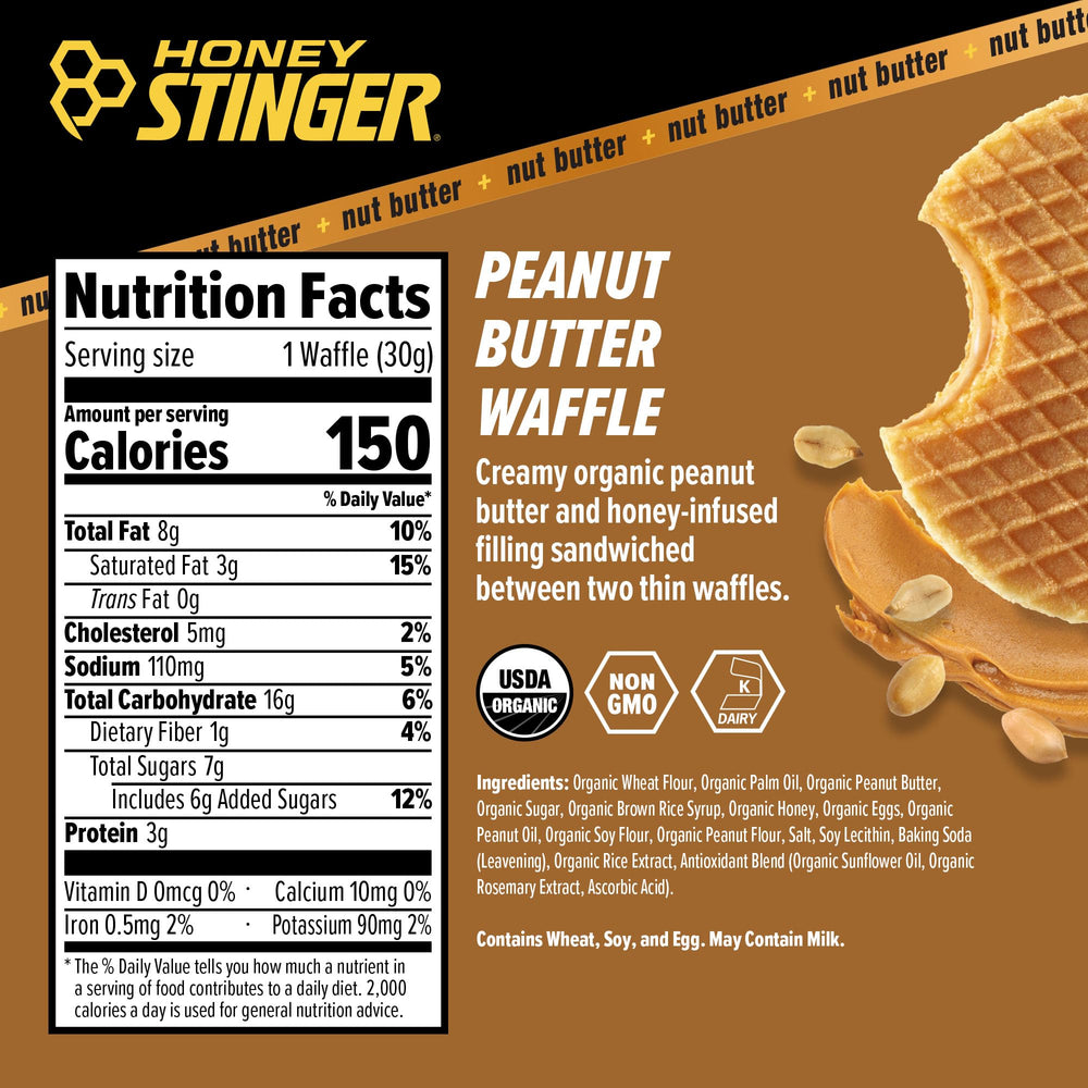 Honey Stinger Organic Peanut Butter Waffle packaging side view highlighting organic quality