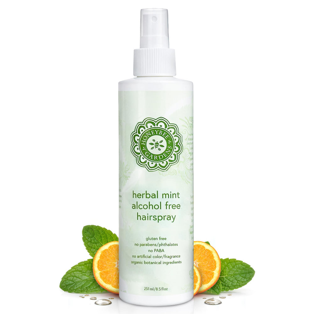 Honeybee Gardens alcohol-free hair spray mint bottle shows natural hold for everyday styling.