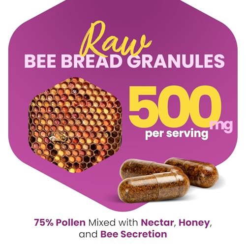 HONEYBEEZONE Bee Bread Capsules bottle back with nutrition details and usage tips.