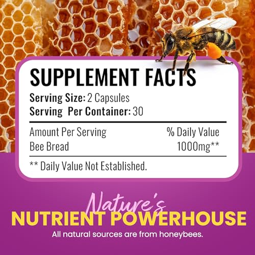 HONEYBEEZONE Bee Bread Capsules capsules closeup showing vegetarian, easy-to-swallow form.