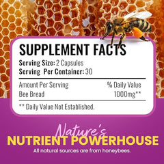 HONEYBEEZONE Bee Bread Capsules capsules closeup showing vegetarian, easy-to-swallow form.