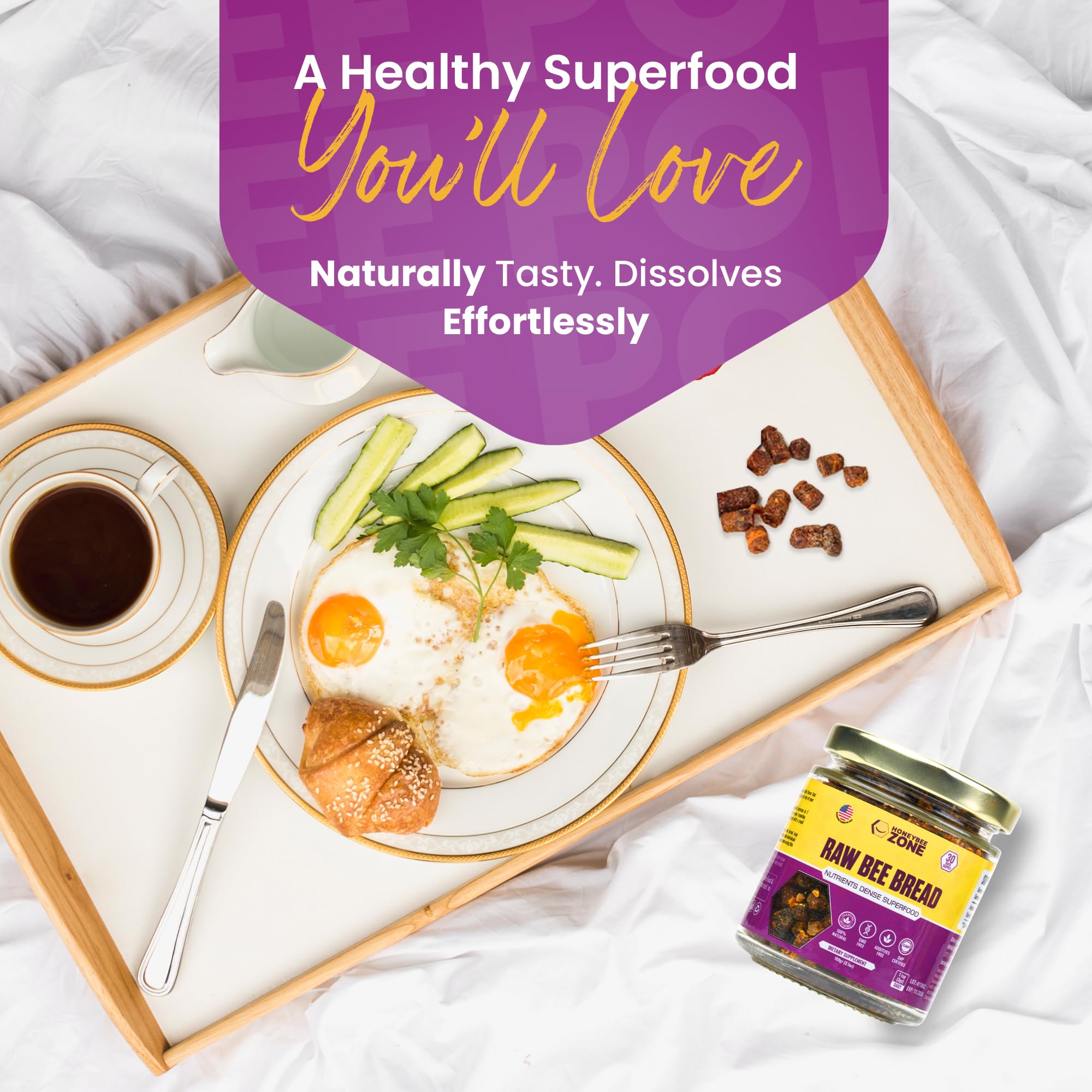HONEYBEEZONE Bee bread on kitchen counter encourages easy daily use.