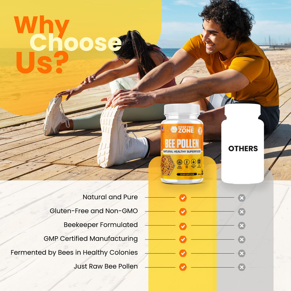 HONEYBEEZONE glass bottle with pollen, vibrant natural energy potential.