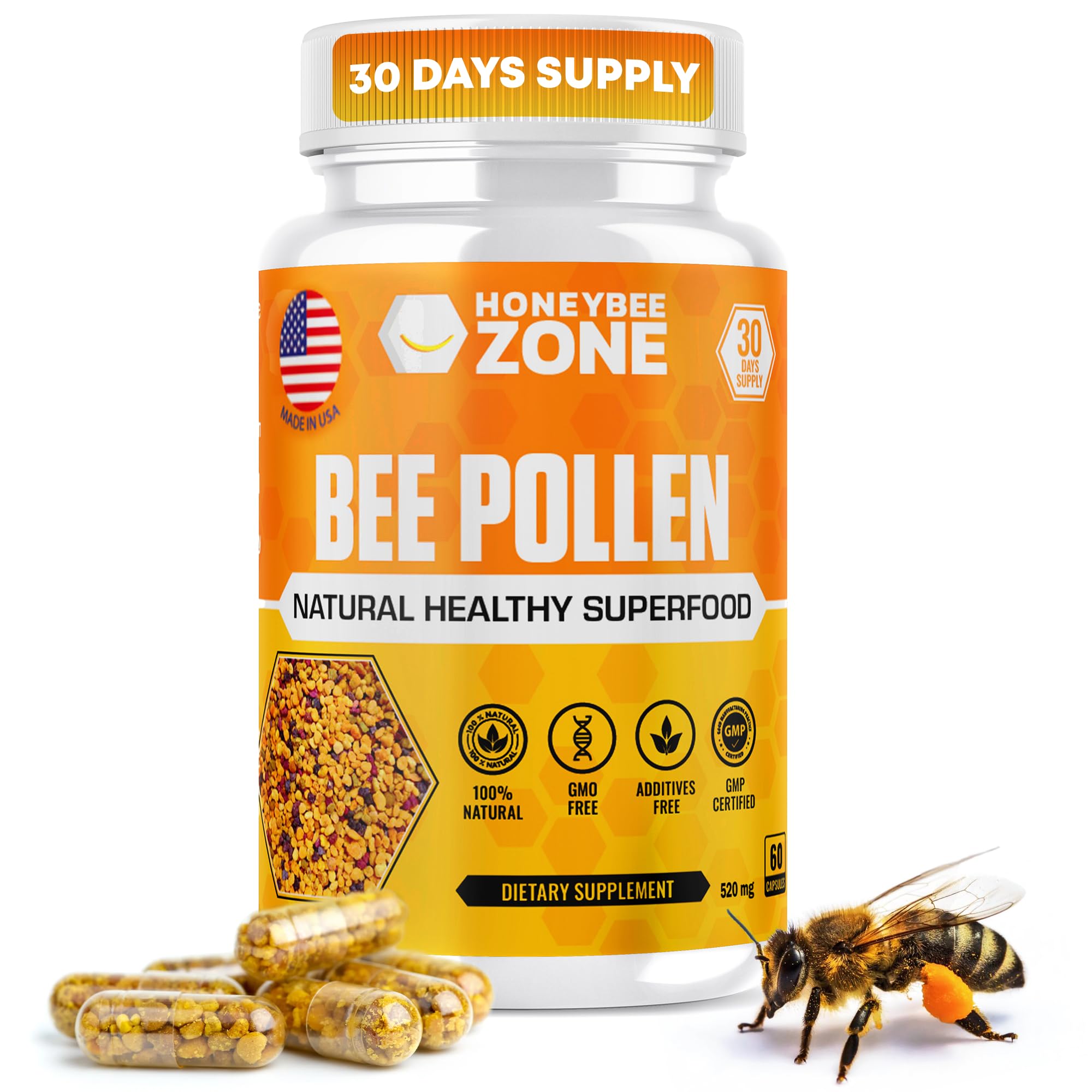 HONEYBEEZONE raw bee pollen granules bottle highlighting a protein-rich natural supplement.