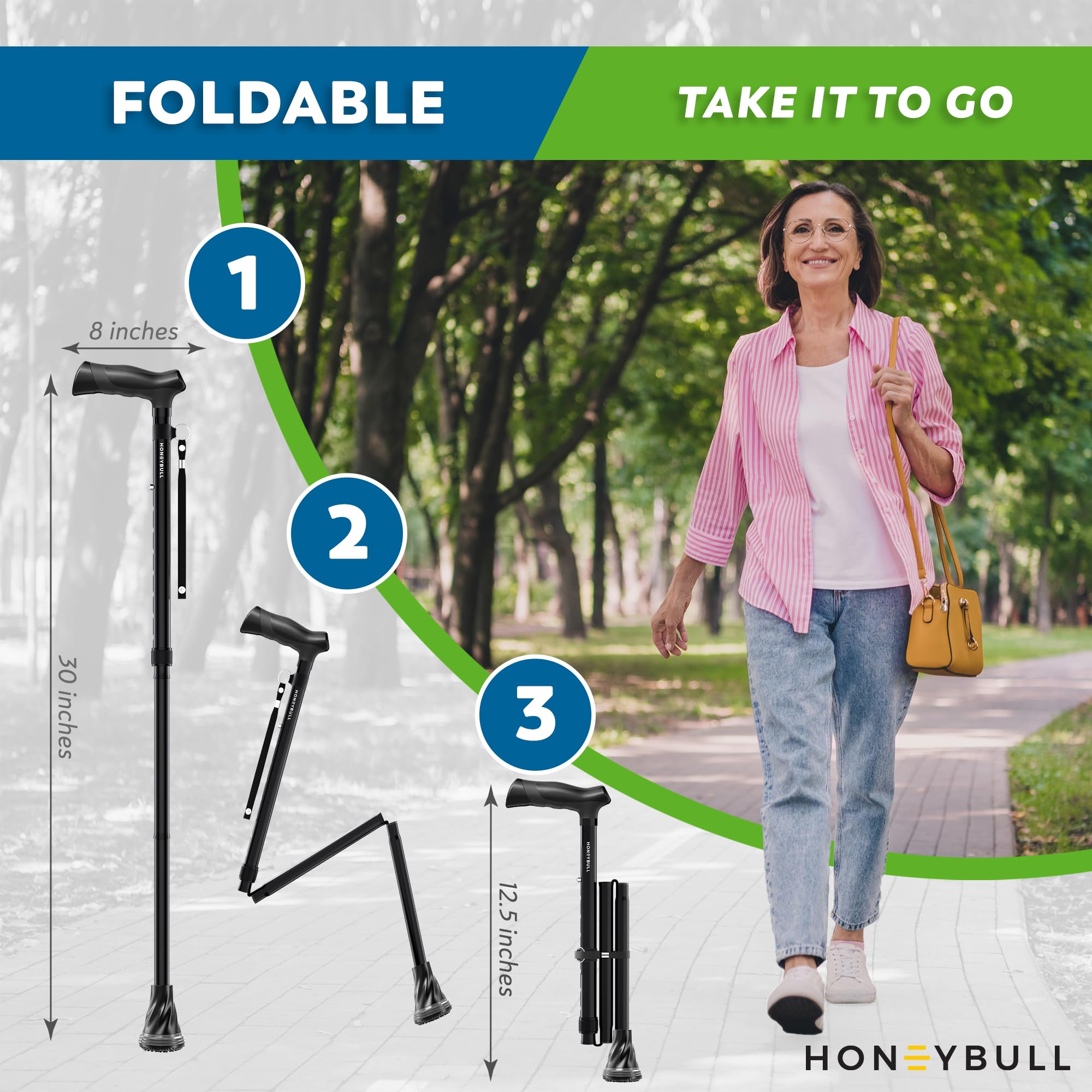 HONEYBULL walking cane ergonomic handle delivers cushioned non slip grip.