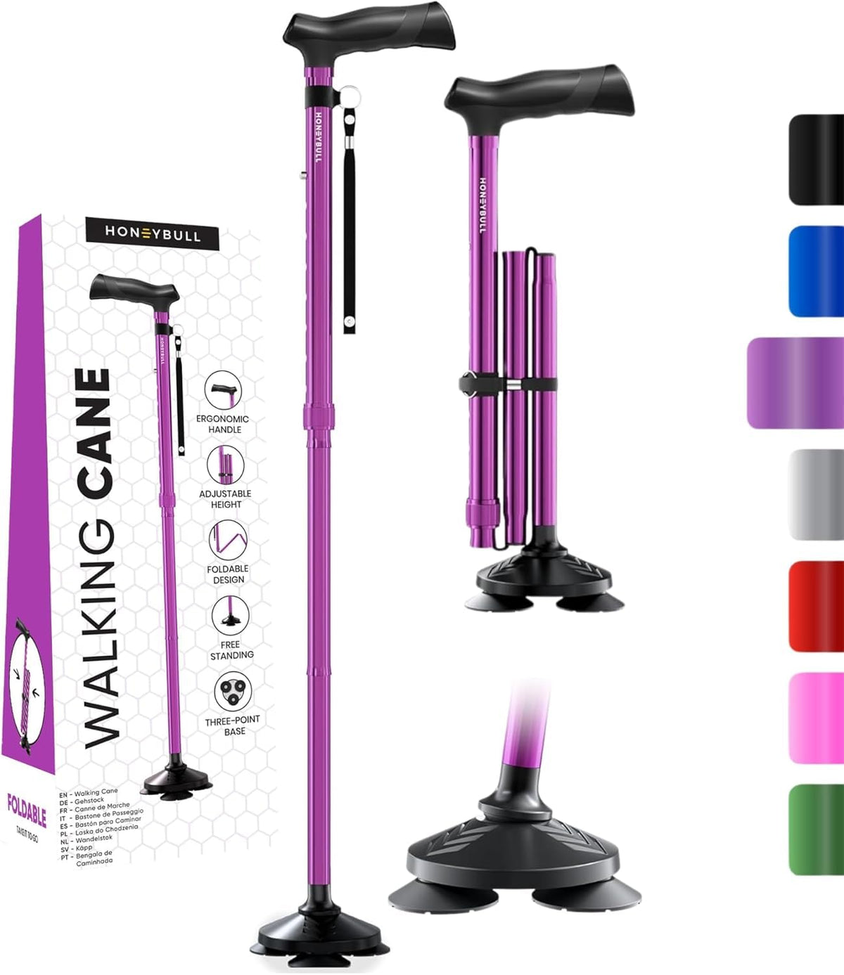 HONEYBULL walking cane folded compactly for travel, purple finish.