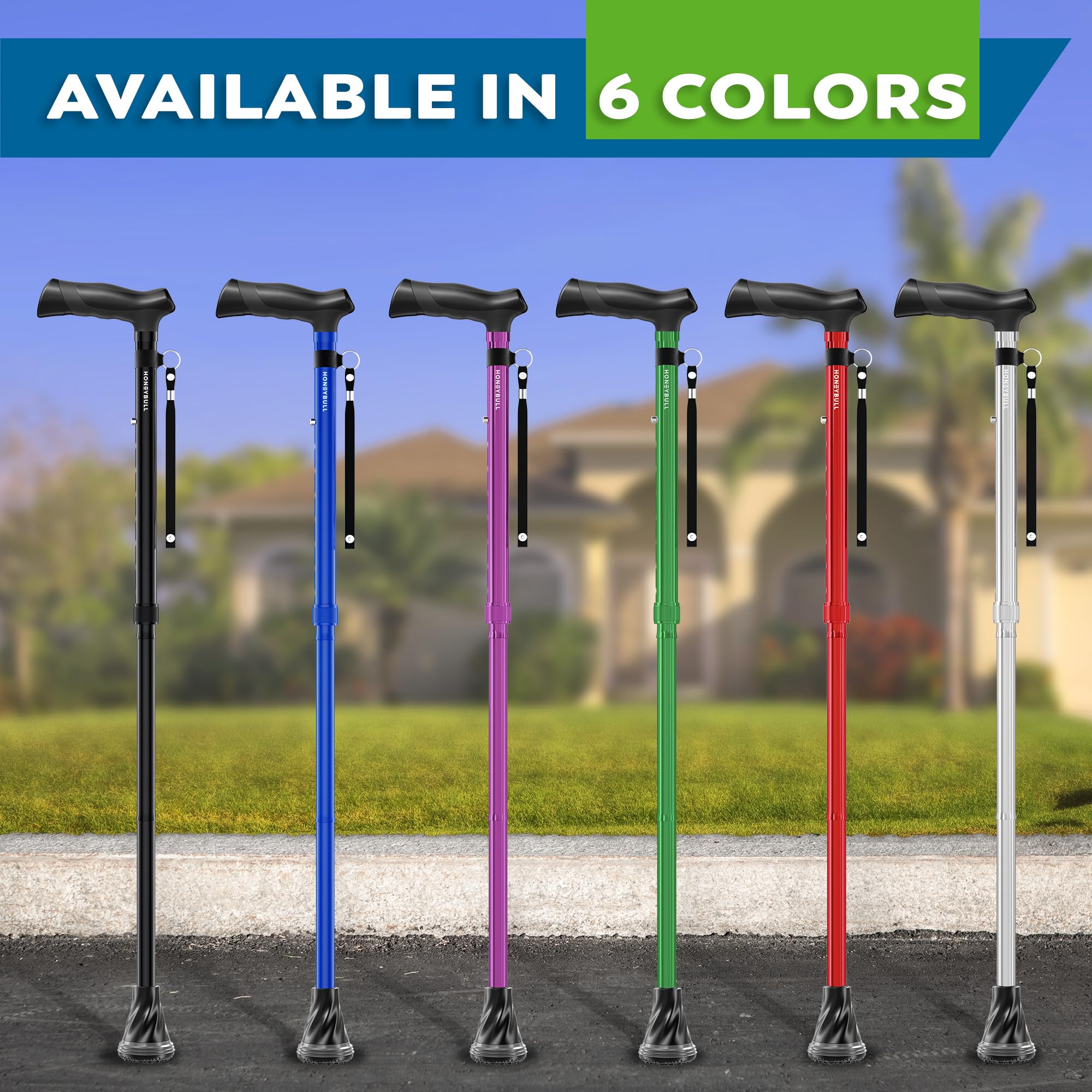 HONEYBULL cane wrist strap provides secure handling.