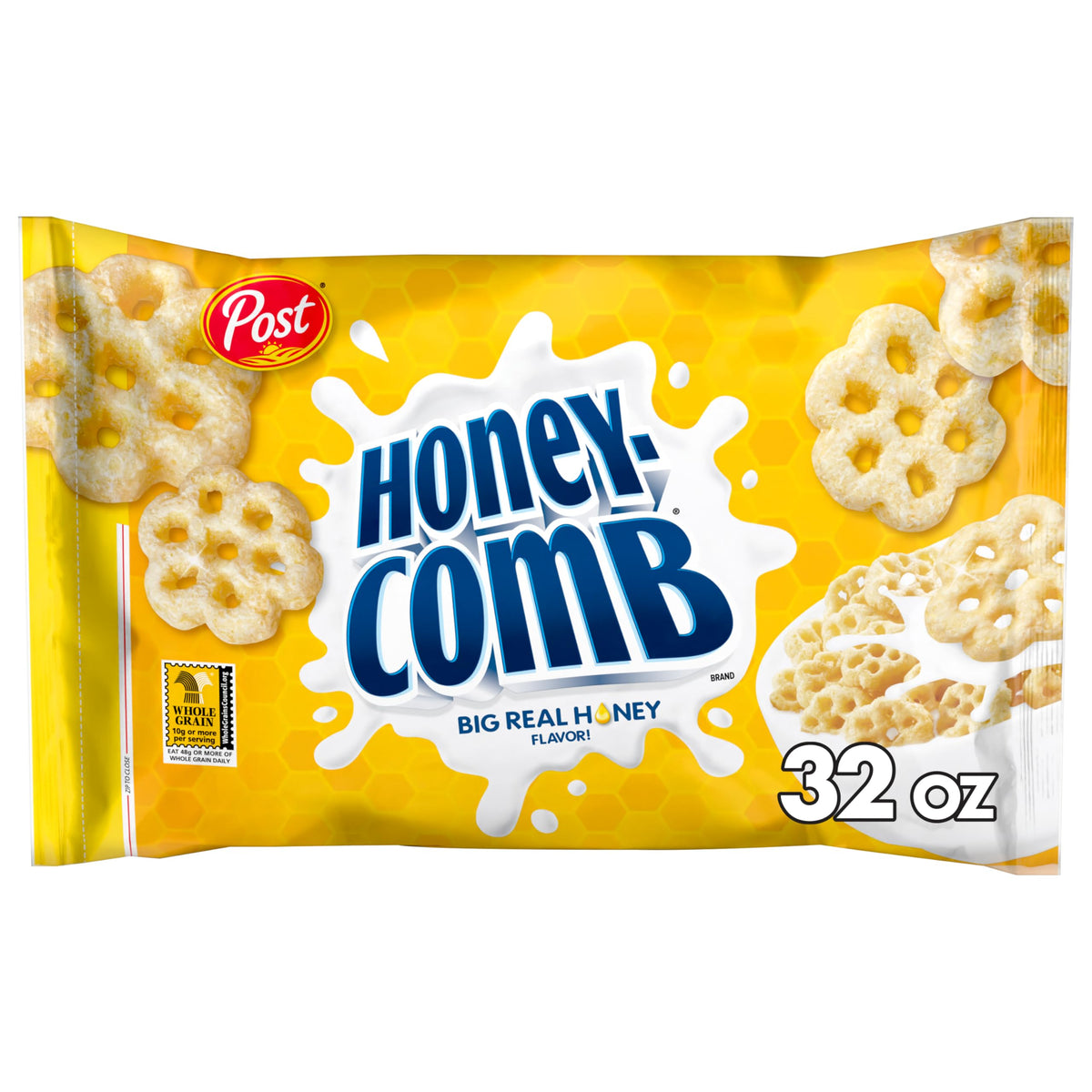 Honeycomb cereal bag 32oz showcases a family-size package for quick breakfasts.