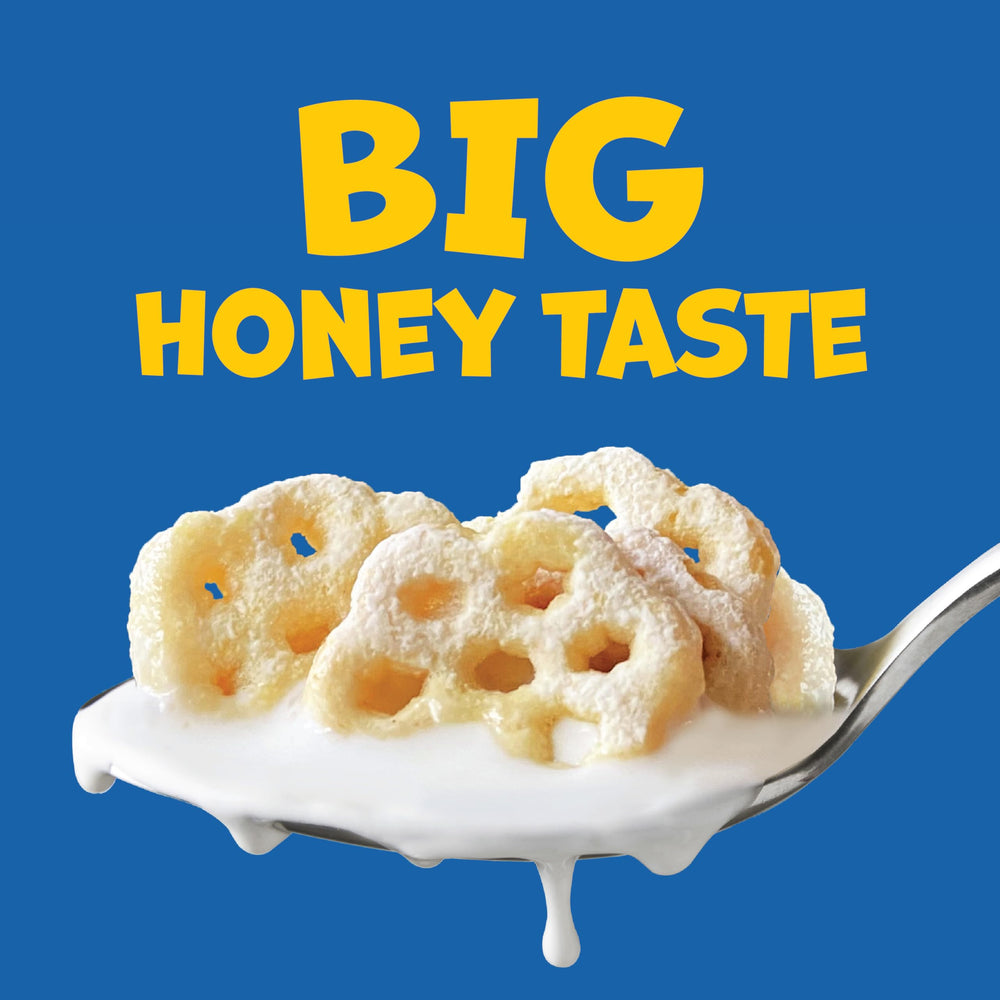 Honeycomb cereal piece close-up shows the iconic honeycomb shape.