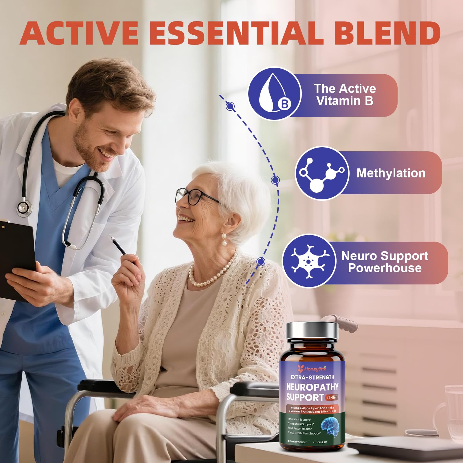 Honeylitte Active B vitamins capsules support nerve function and cognitive wellness.