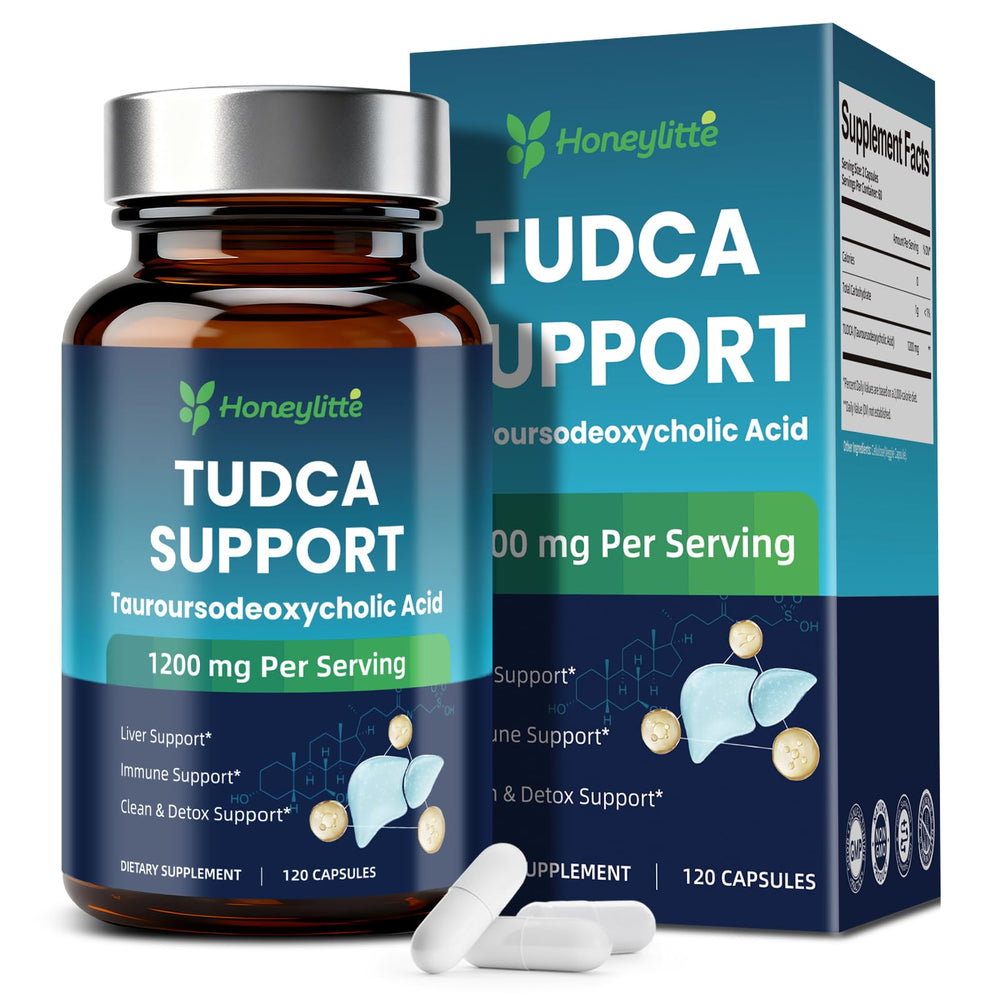 Honeylitte TUDCA 1200mg bottle shows high potency supplement for daily digestive support