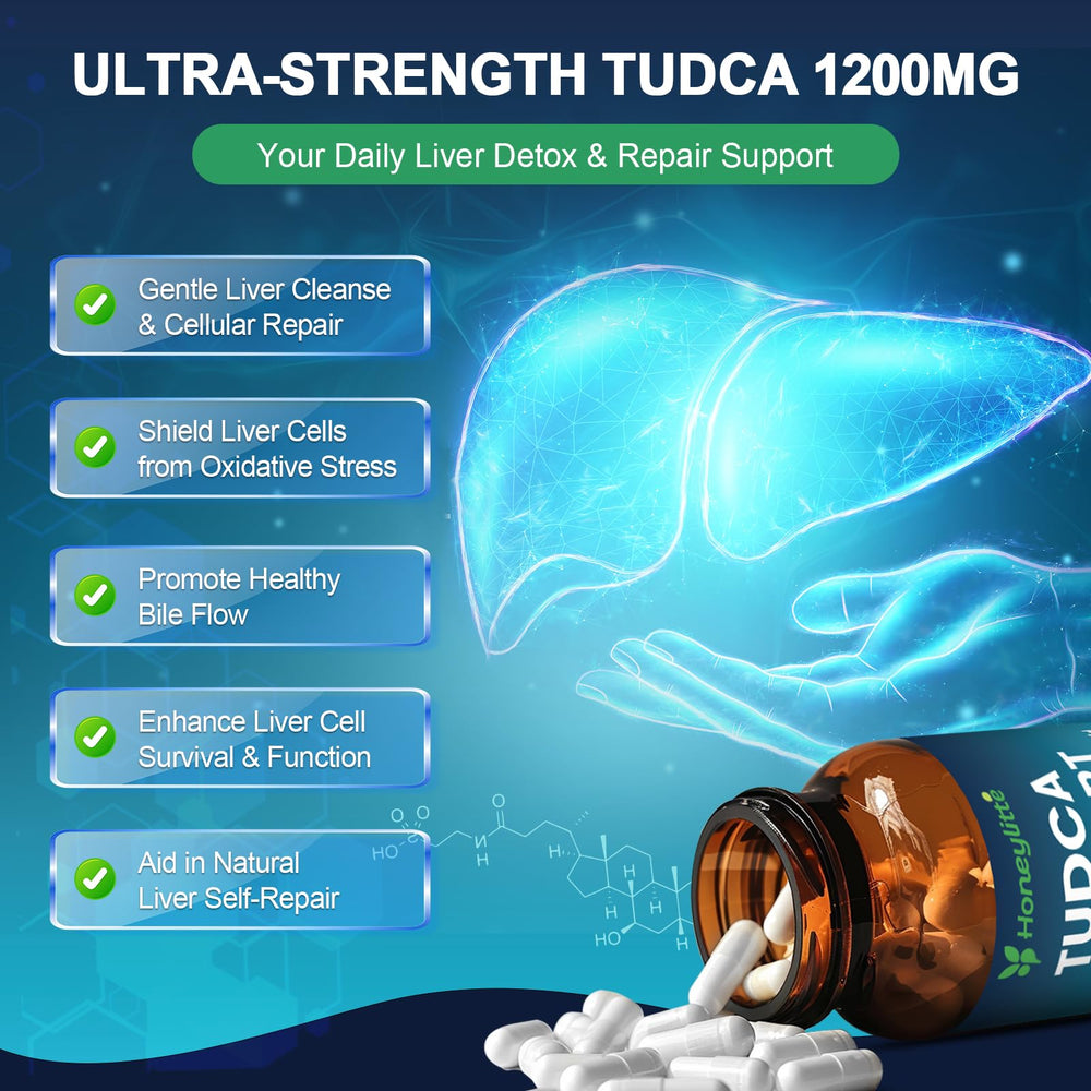 Honeylitte TUDCA bottle pour illustrates easy to swallow capsules with meals