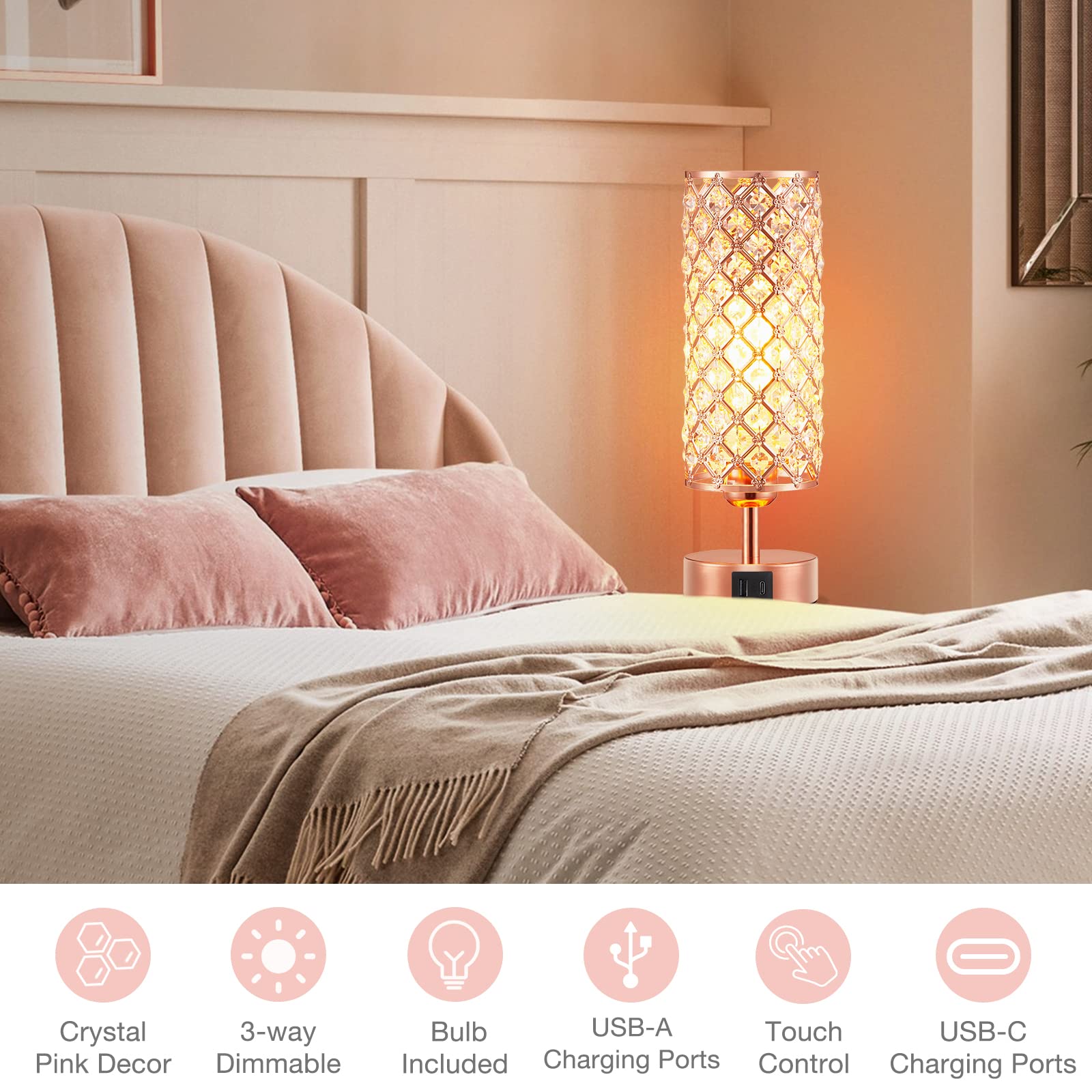 Hong-in nightstand lamp with metal-crystal design adds stability and style.