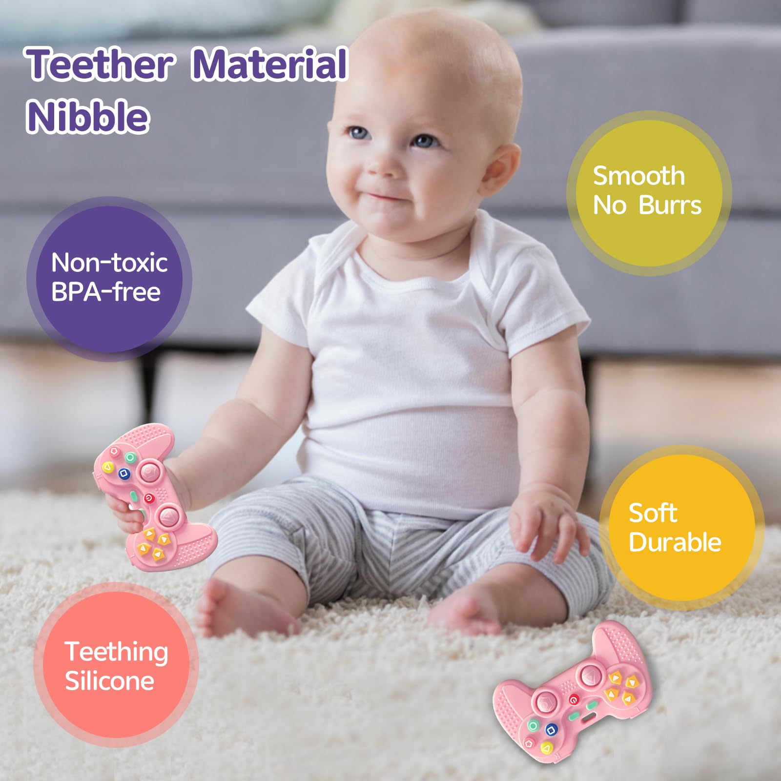 Hooku teether in bright colors to encourage color recognition during play.