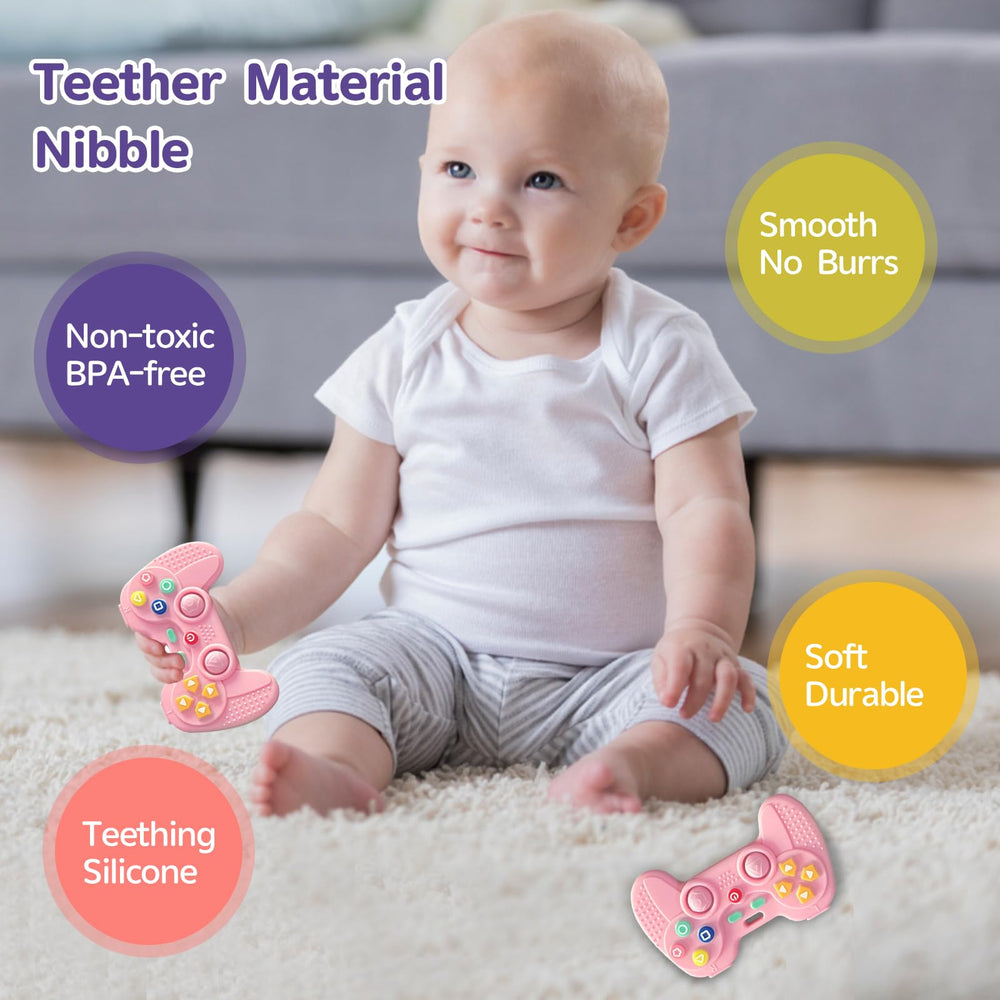 Hooku teether in bright colors to encourage color recognition during play.