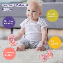 Hooku teether in bright colors to encourage color recognition during play.