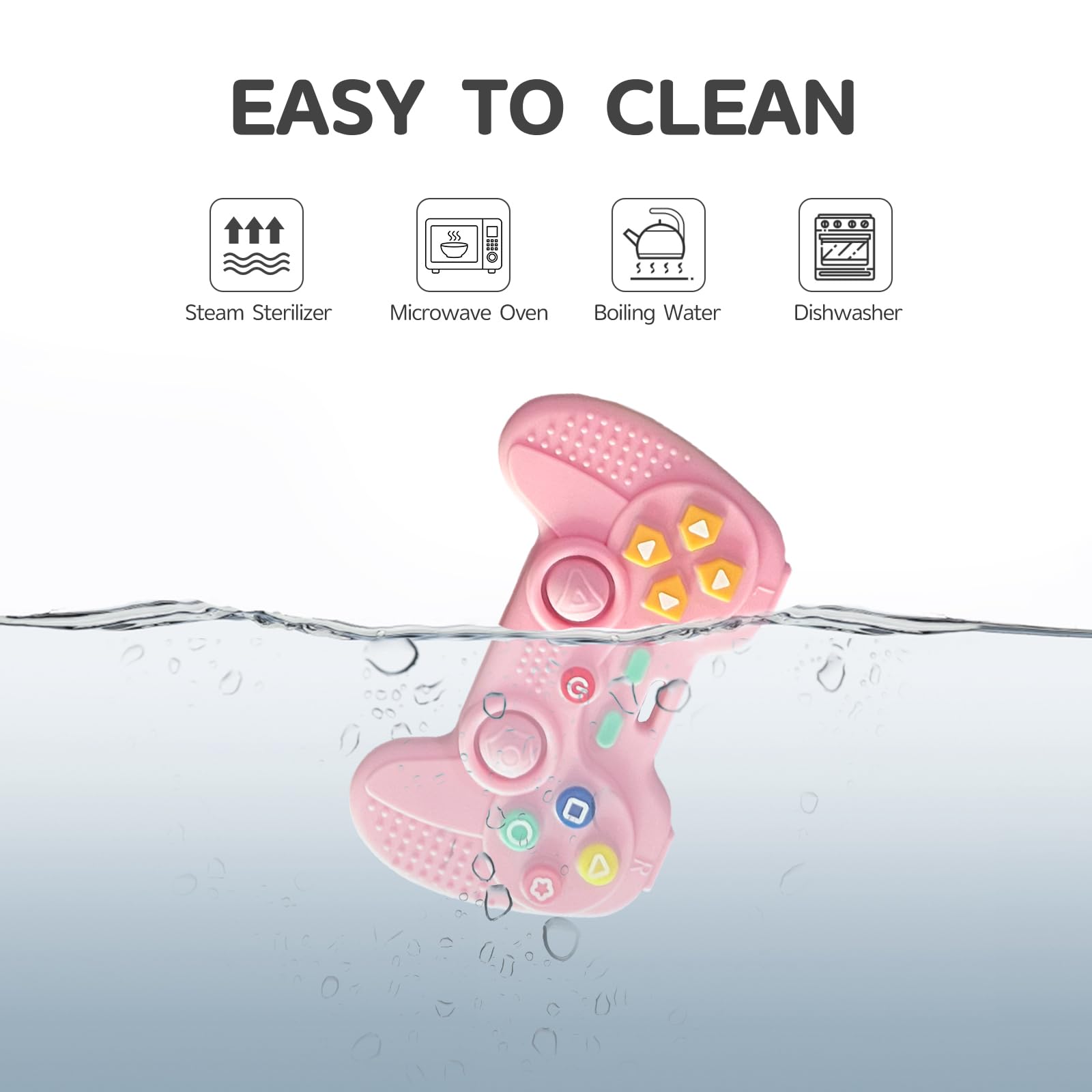 Hooku teether being cleaned; dishwasher and fridge safe for easy care.